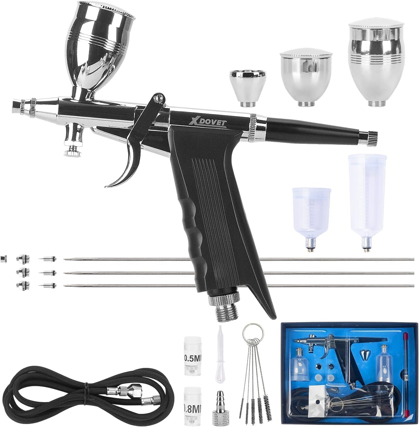 XDOVET Airbrush Use with Compressor - Dual Action Air Brush Set with Trigger Switch - Paint Cups, Nozzles, Needles and Hose inside for Tattoo, Makeup, Nail, Model, Art Hobby