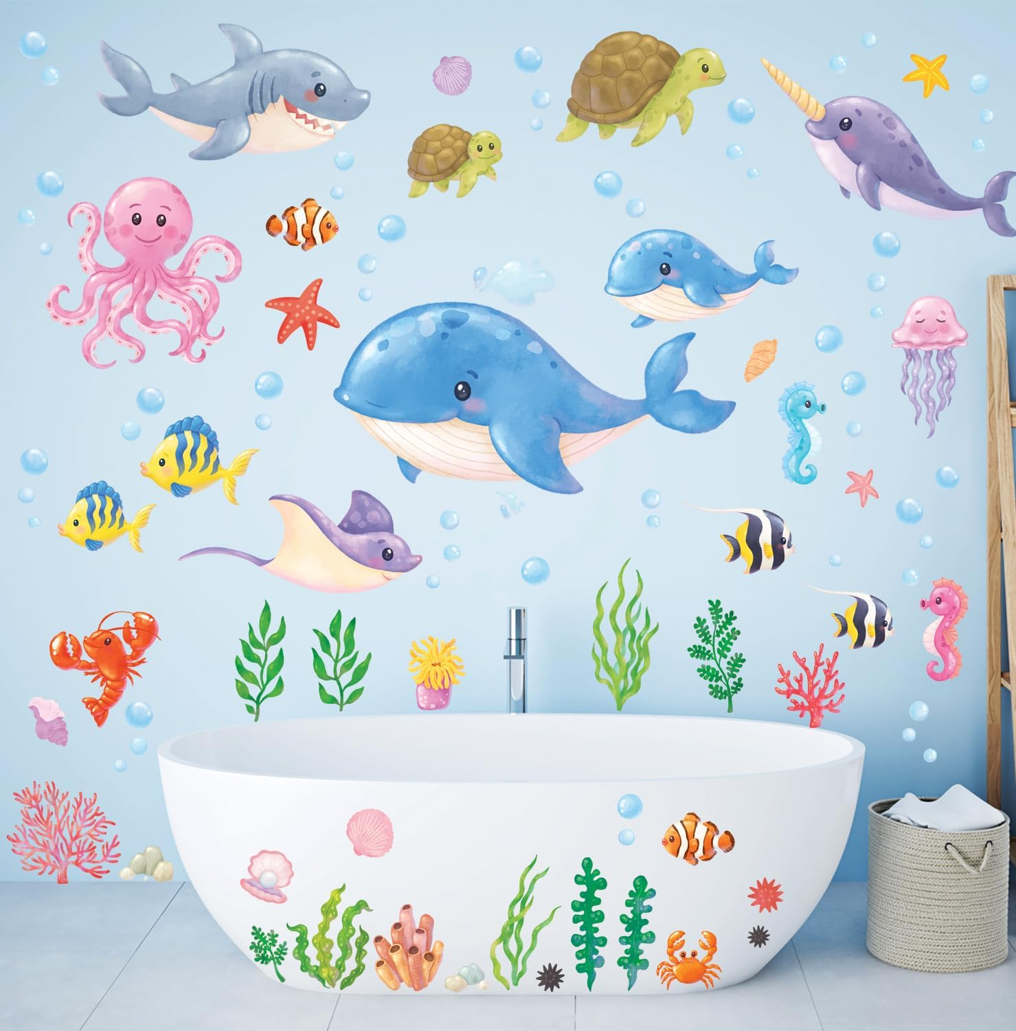 DECOWALL DS12-8081 under the Sea Wall Stickers Ocean Fish Seaweed Decals Turtle Jellyfish Removable Kids Baby Bedroom Nursery Art Home D&eacute;cor Bathroom Decoration Beach Seagrass Colorful Boys Girls image number 1