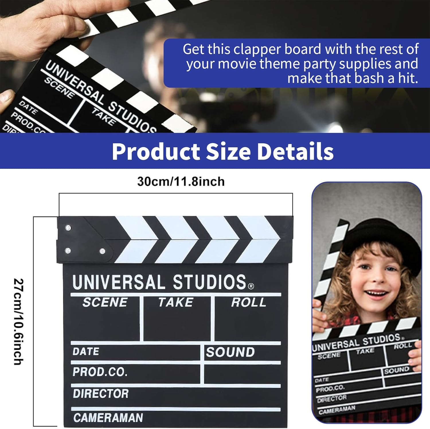 30 * 27CM Wooden Movie Film Clap Board, Writable Movie Clapboard, Professional Directors Clapboard Film Clapper, Cut Action Scene Board, Movie Clapboard Props Board for Movies Films Photo (Large)