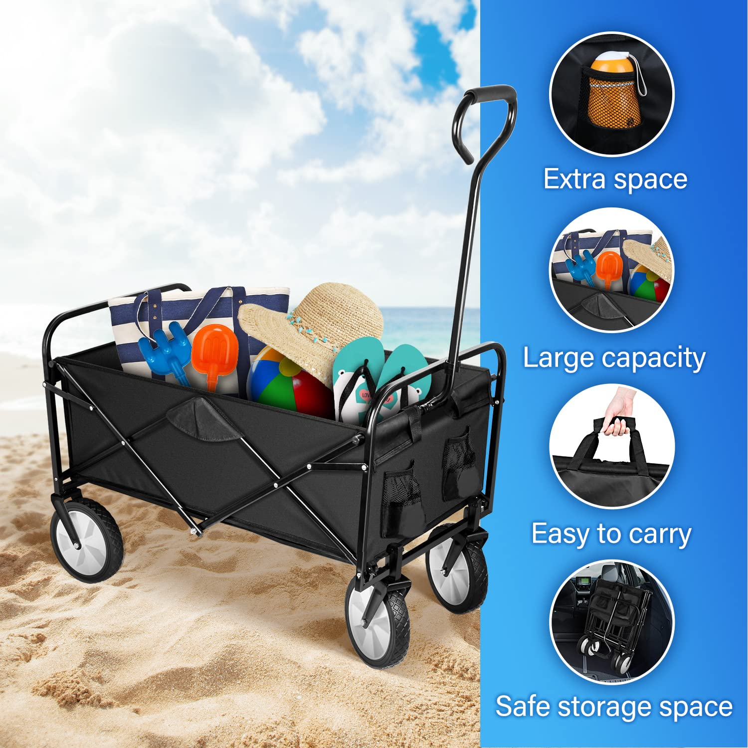 YSSOA Rolling Folding & Rolling Collapsible Garden Cart, Outdoor Camping Wagon Utility with 360 Degree Swivel Wheels & Adjustable Handle, Black 220Lbs Weight Capacity image number 6