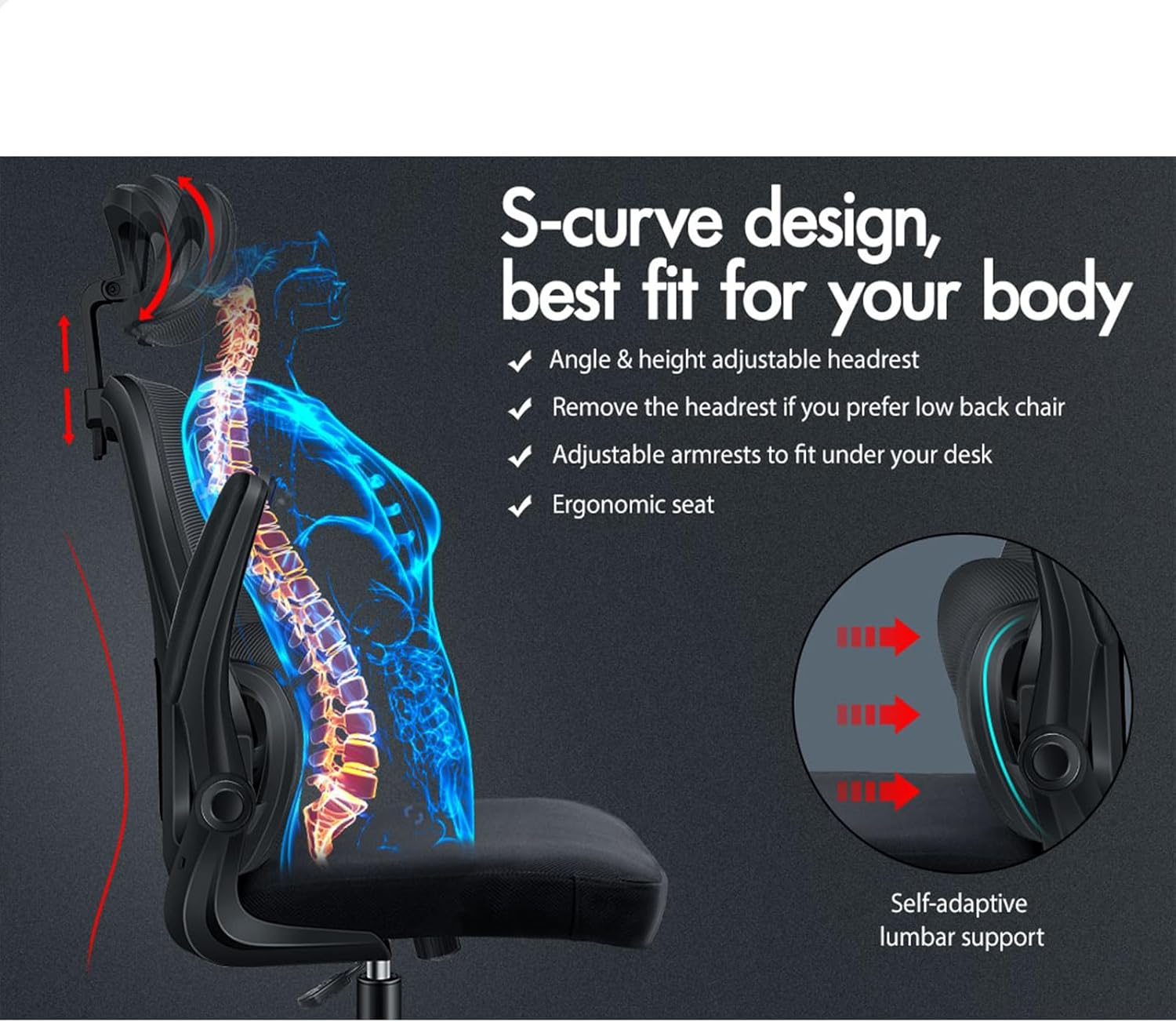 ALFORDSON Mesh Office Chair Ergonomic Mid-Back Nyles Series, Adjustable Flip-Up Arm & Headrest Gaming Racing Task Chair, Student Computer Study Desk Chair for Home Office, All Black image number 1