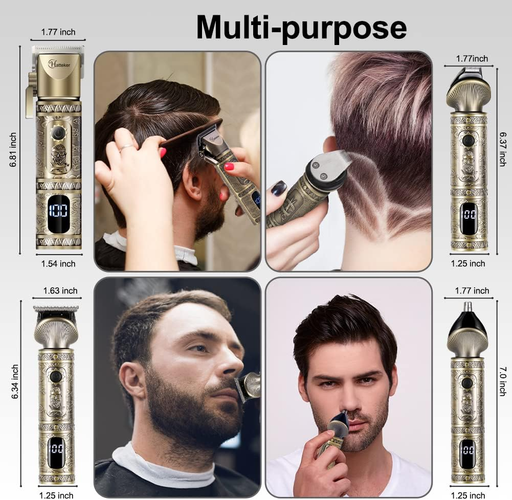 Hatteker Professional Hair Clipper and T-Blade Trimmer Set for Men, Cordless Rechargeable Barber Clipper Beard Nose Hair Trimmer Multipurpose Grooming Kit LED Display(Gold) image number 5