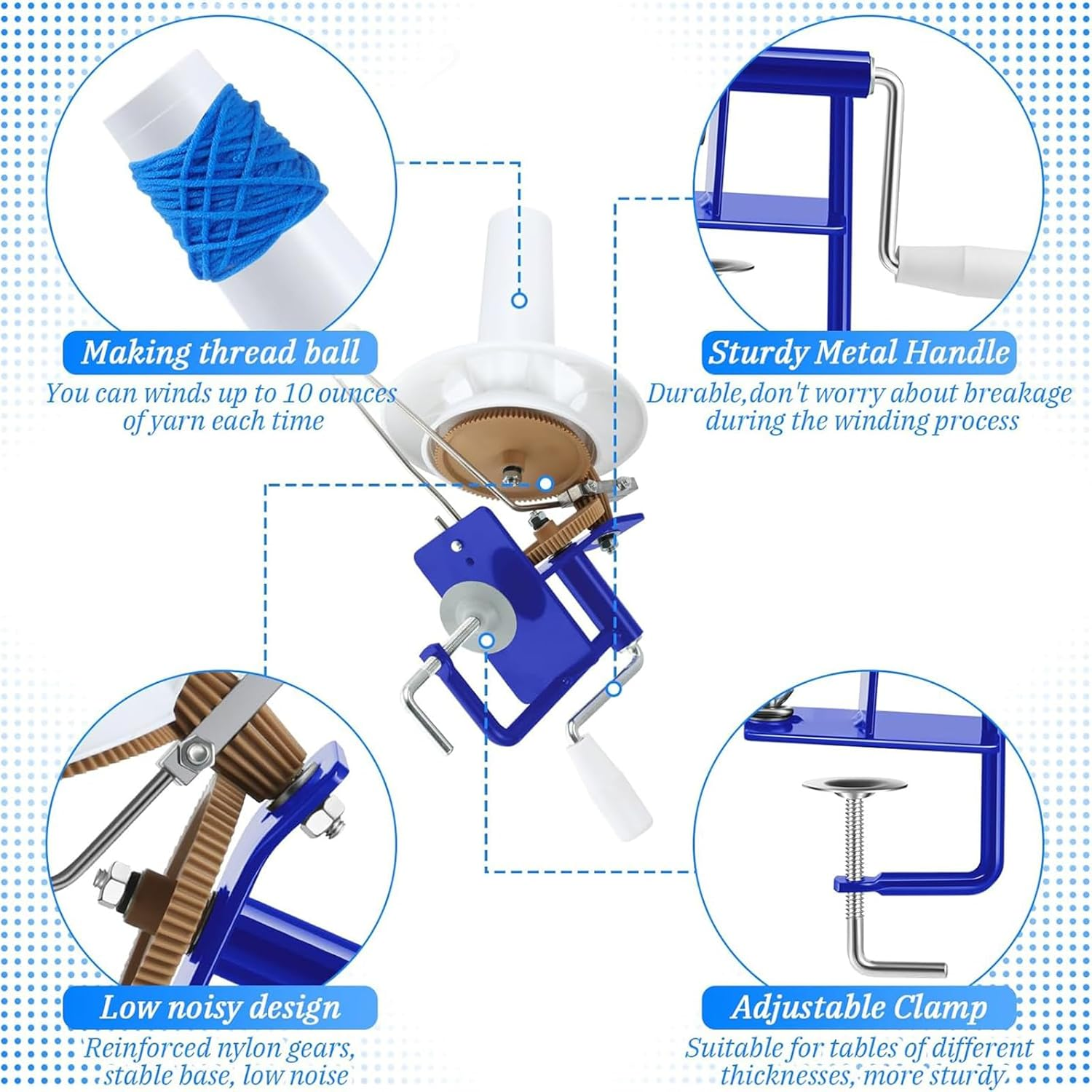 Large Metal Yarn/Fiber/Wool/String Ball Winder - 10 Oz，Hand Operated, Blue and White image number 5