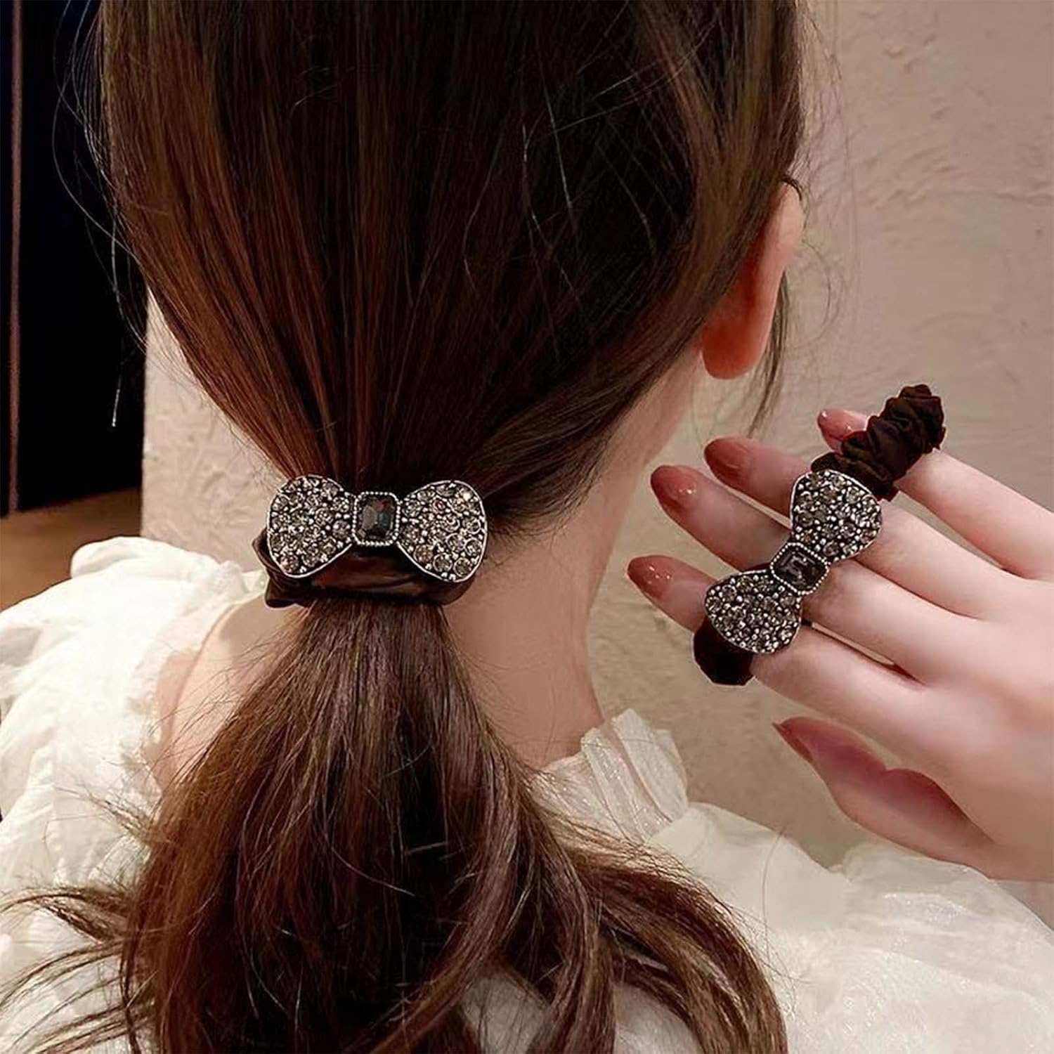 Wendalern Boho Rhinestone Ponytail Holder Bowknot Ponytail Hair Scrunchie Geometric Elastic Hair Bobbles Brown Crystal Hair Ropes Decorative Hair Accessories for Women and Girls image number 1