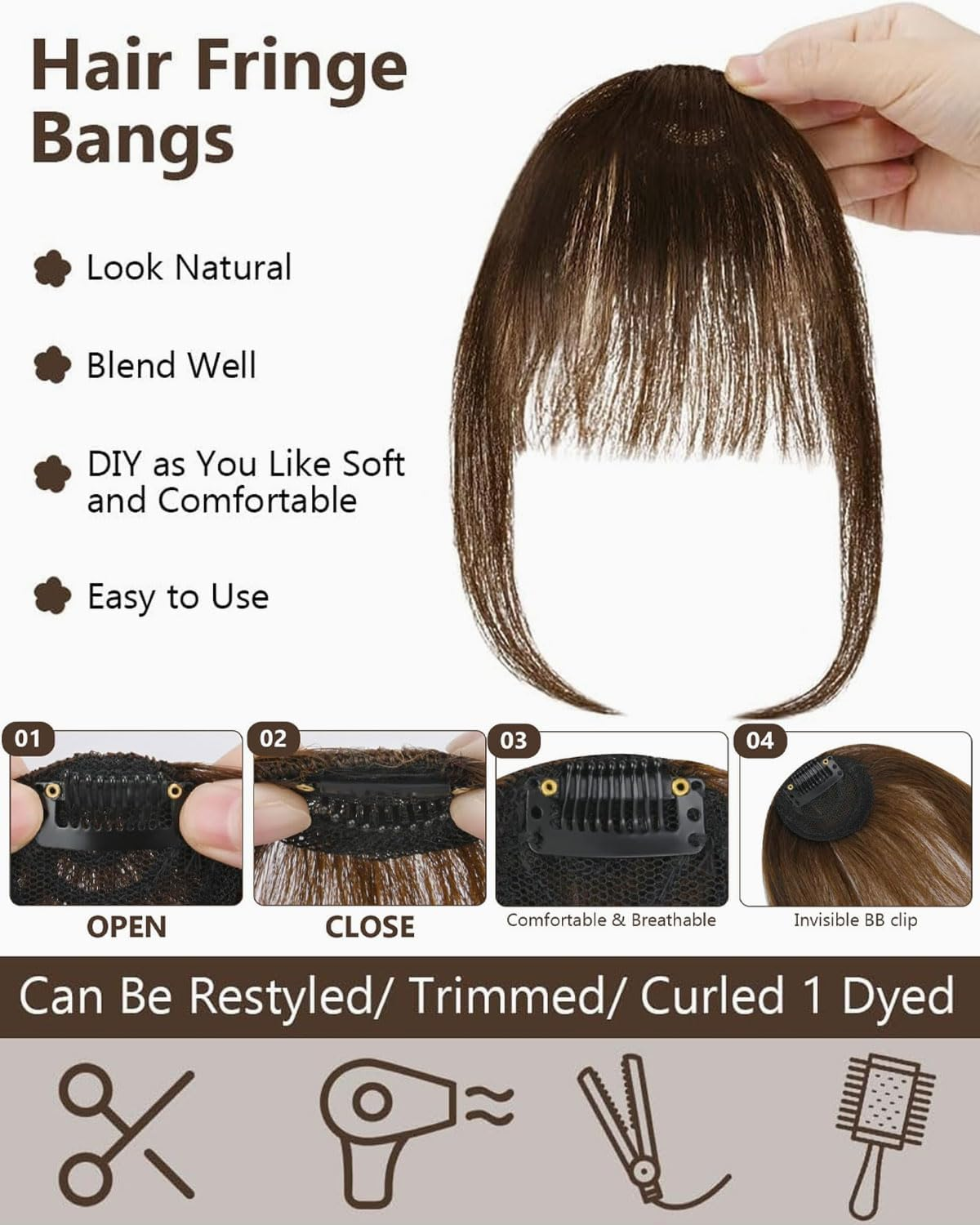 TPZORJX Pack of 2 Faux Wig Fringe, Fringe Clip on 100% Wig, Hair Clip on Fringe with Temples, Women'S Real Hair Extensions (Natural Black Brown) image number 3