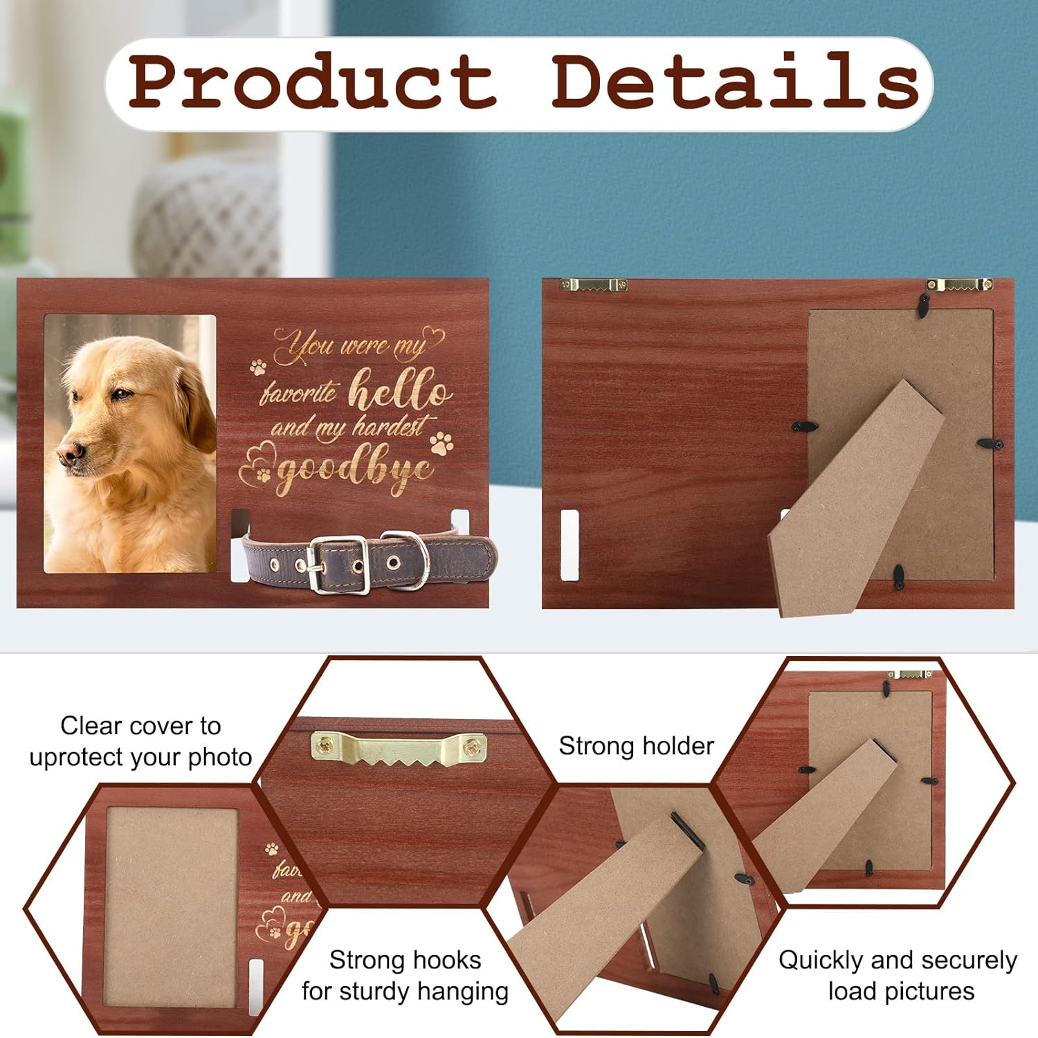 Amyhill Dog Memorial Picture Frame Wooden Personalized Pet Collar Picture Frame Pet Memorial Gifts for Loss of Dog Cat Remembrance Gift Sympathy Photo Keepsake image number 4