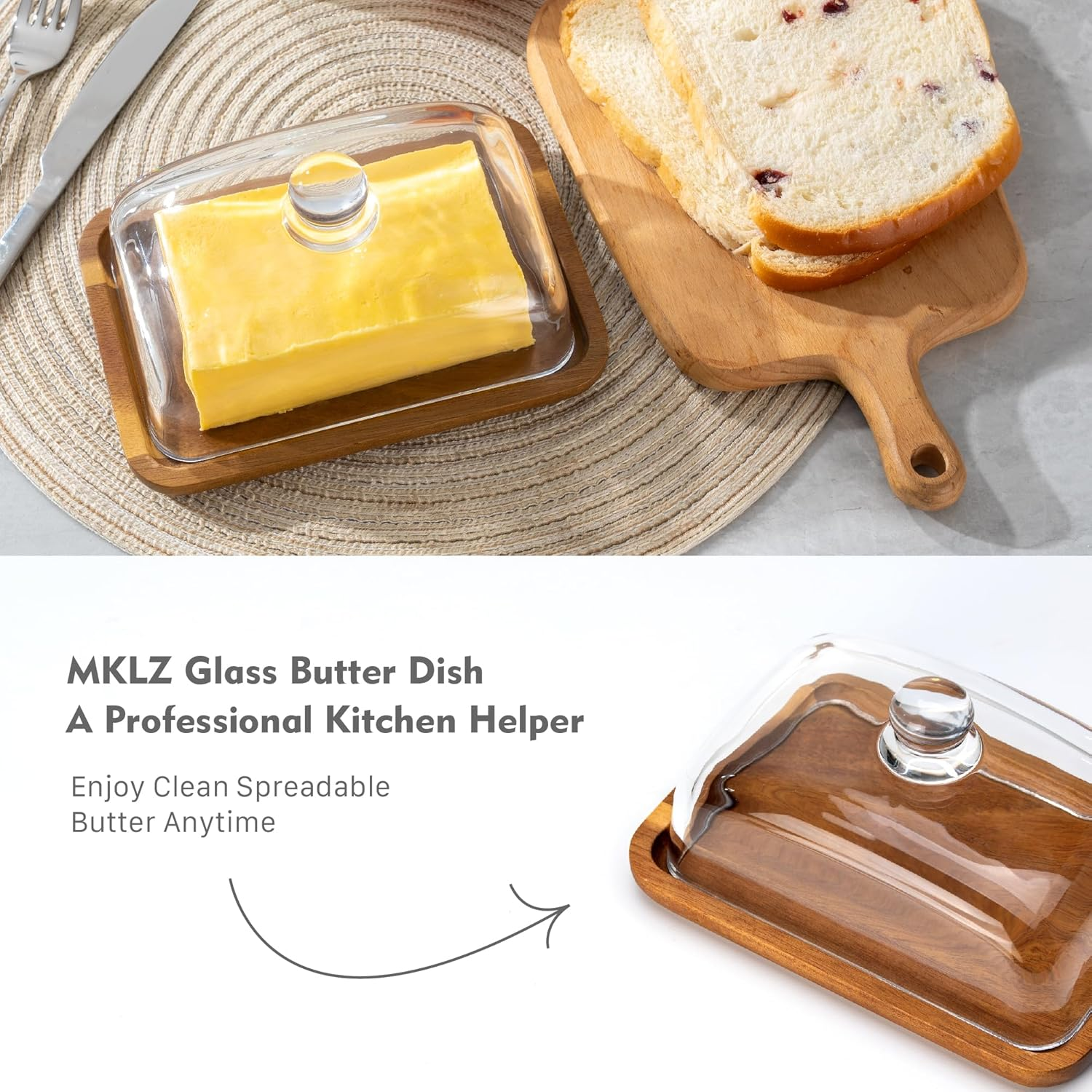MKLZ Glass Butter Dish with Lid, Clear Domed Cheese Dish with Handle, Large Butter Keeper Saver with Cover for Table, Kitchen Countertop, Refrigerator image number 3