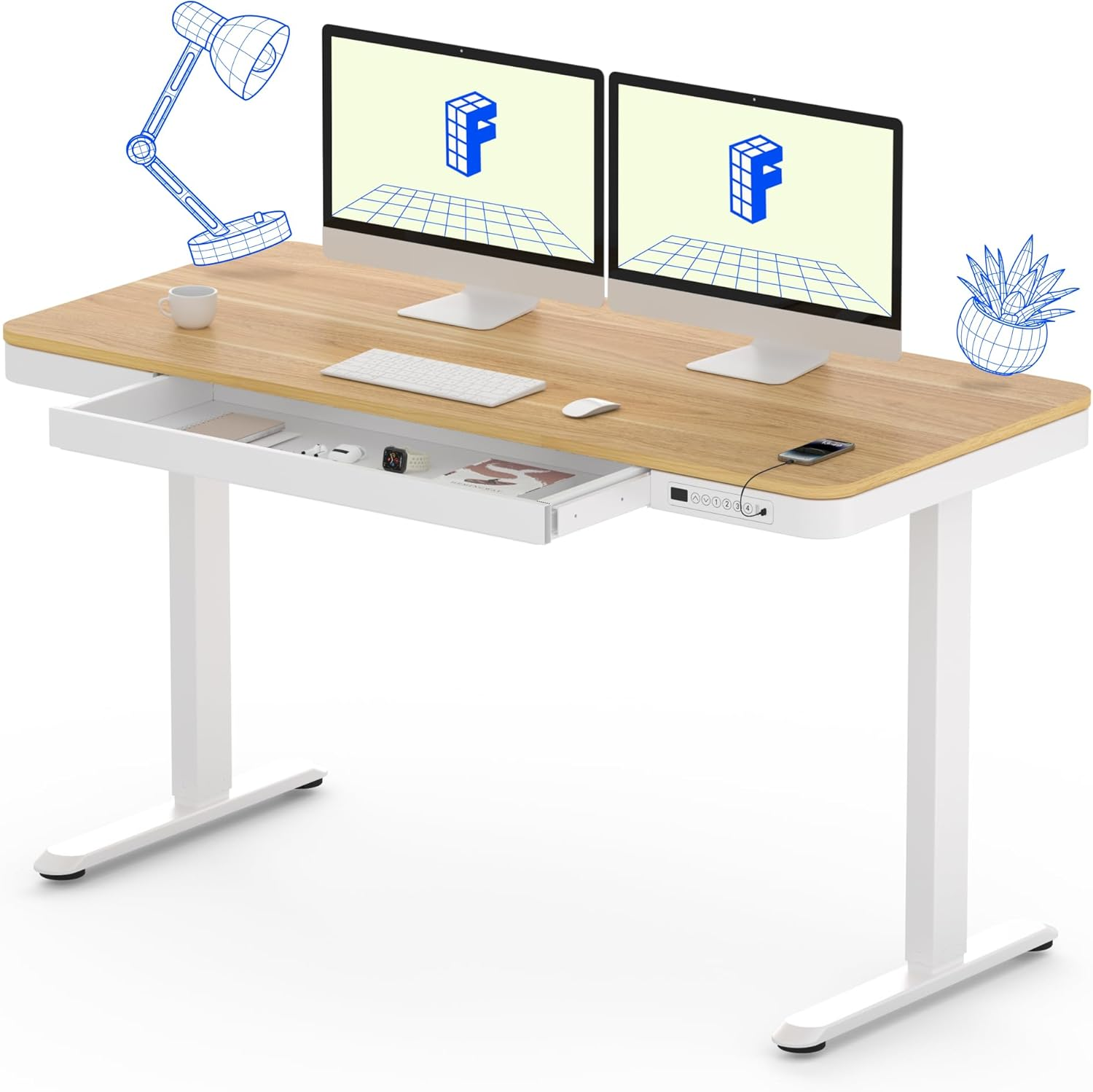 FLEXISPOT 140Cm Electric Standing Desk with Drawers, Quick Assembly Home Office Sit Stand Desk with Storage, USB Charging, Computer Desk for Home Office (Maple Top + White Adjustable Frame, Comhar)