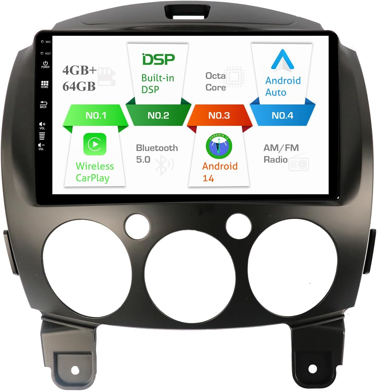 MISONDA 9Inch IPS Touch Screen Double Din Android 14 Car Stereo Radio GPS Navigation for Mazda 2 2007-2014 Head Unit Free Camera&Mic Support Carplay DSP BT FM Wifi SWC 4G+64G