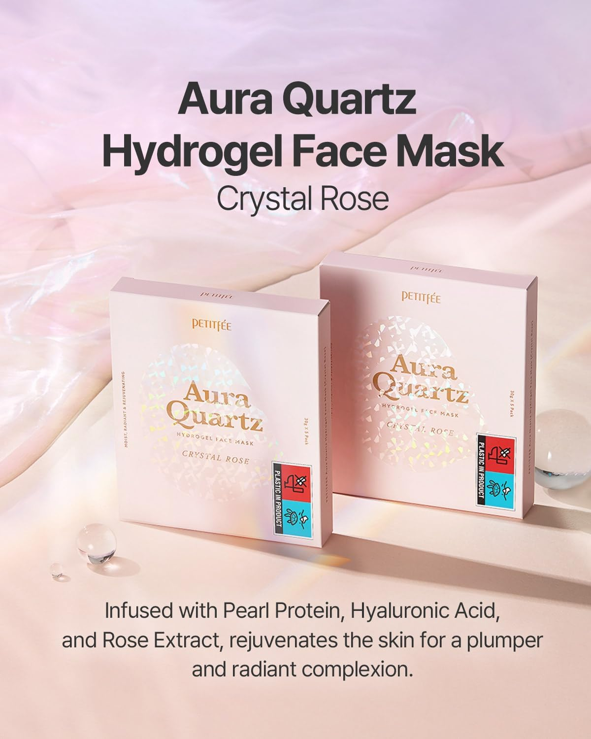 Petitfee Aura Quartz Hydrogel Face Mask Crystal Rose 30G*5Ea - Rose Facial Mask for Radiant Skin with Pearl Protein, Collagen, Hyaluronic Acid