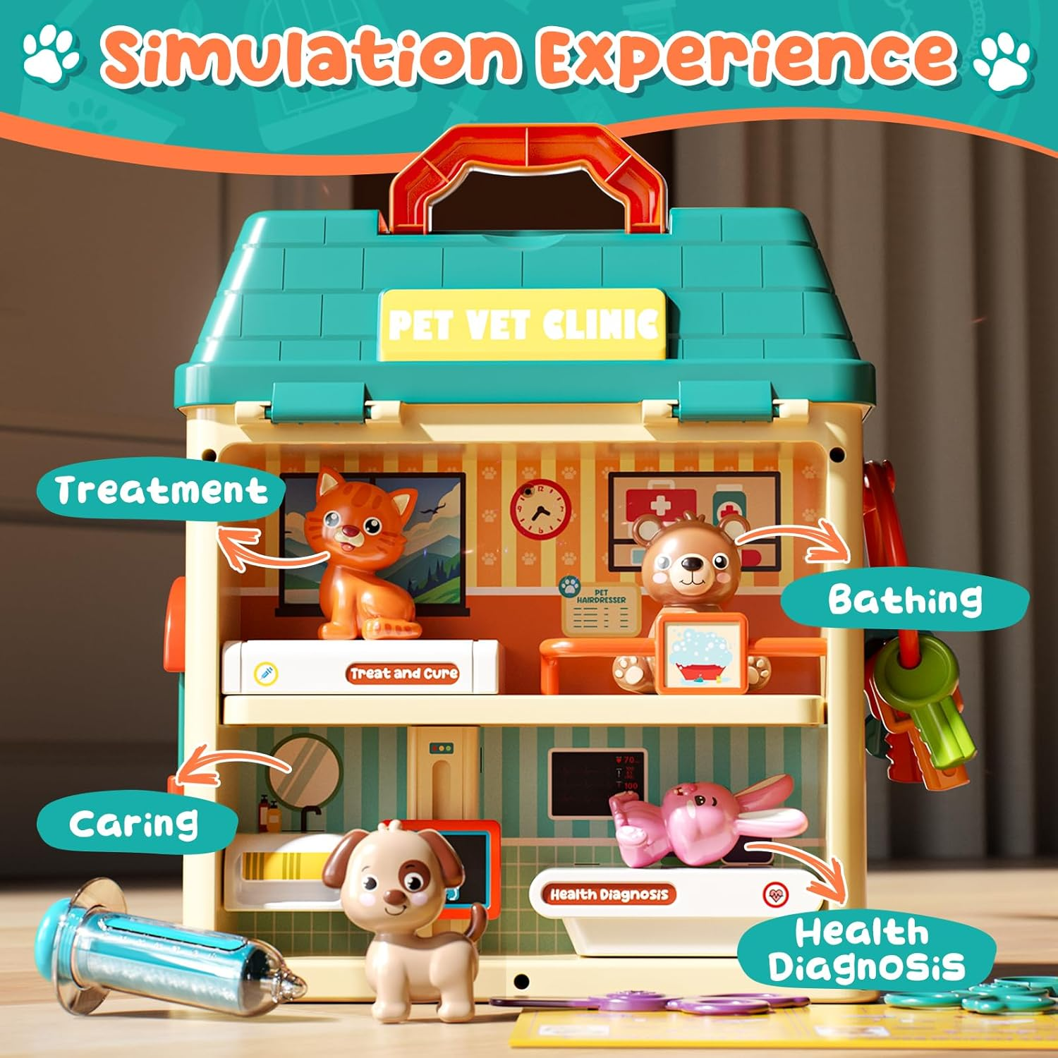 Lehoo Castle Doctors Play Sets for Kids, Vet Playset for Toddlers, Veterinary Critter Clinic Toy with 4 Animals, Pet Care Playset Hospital, Pretend Play Toy for Toddlers 1-3 image number 6