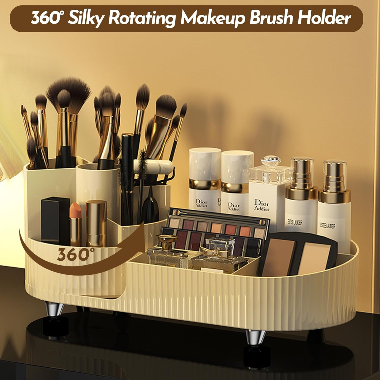 Marakruki Makeup Organiser Cosmetics with 360&deg; Rotating Brush Holder Beauty Organiser, Sleek Cream White Ideal for Bedroom/Dressing Table/Bathroom(Cream) image number 2