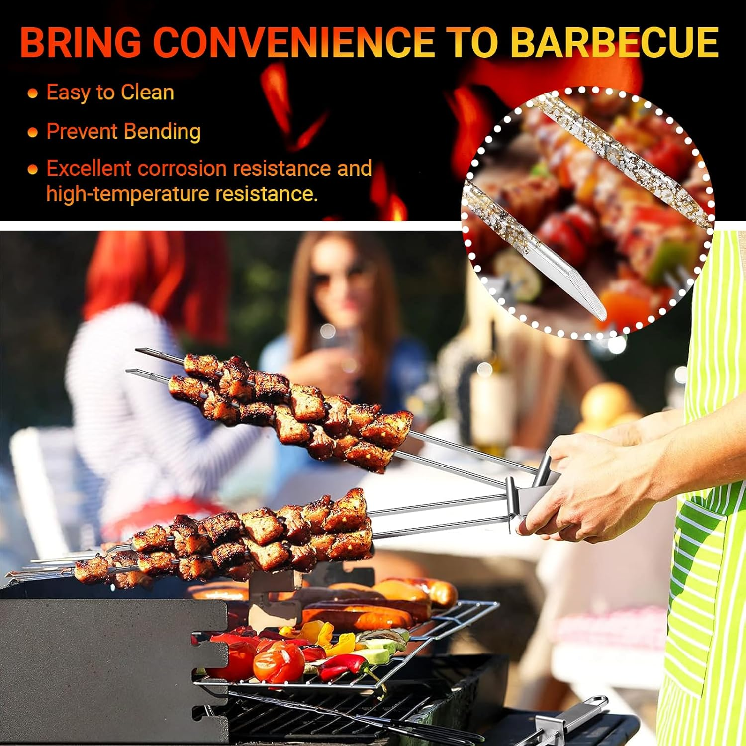 JOWILIN Kabob Skewer for Grilling, 6 Pcs 33CM/13'' Double Pronged Flat BBQ Skewers with Push Bar, Reusable Shish Kebab Skewers, Stainless Steel Kebab Tools for Camping, Barbecue for Meat, Vegetable image number 3