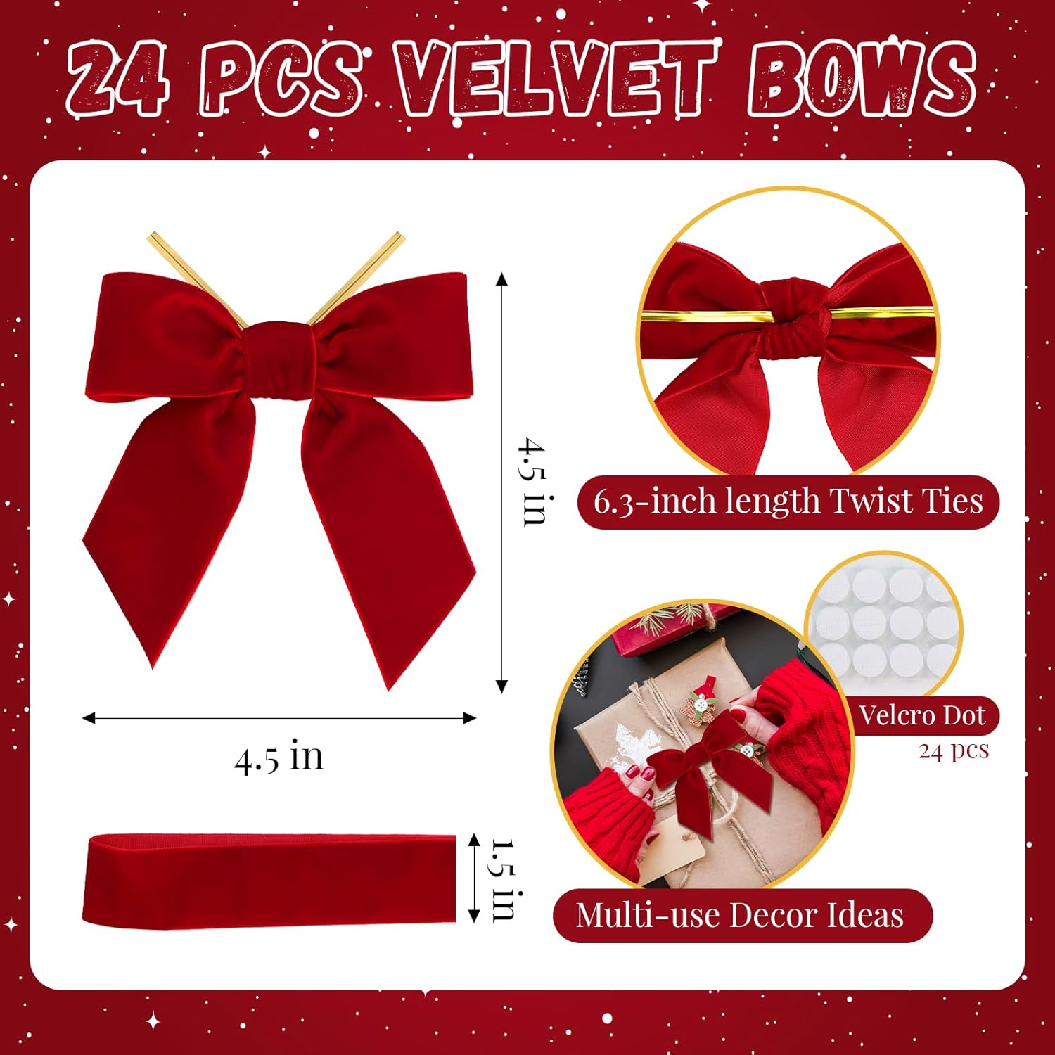 Flair Gifts 24 Pcs Cozy 4.5 Inch Red Vintage Velvet Christmas Bows - Ideal for Christmas Tree Ornaments, Wreath Accents, Gift Wrapping, Wine Bottles, Stair Railings, DIY Crafts & Xmas Home Decor image number 6
