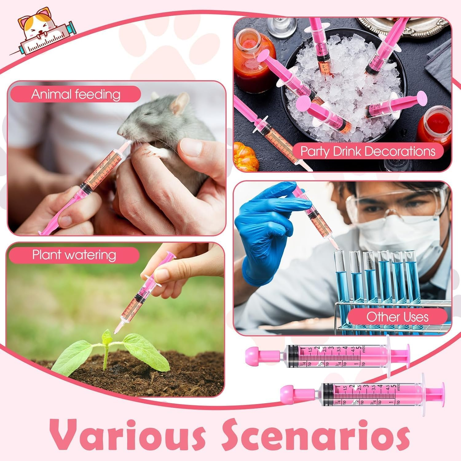 10 Capped Pink Oral Syringes, Sterile, Individually Packaged, for Oral Administration to Infants, Adults, and Animals in Scientific Laboratories, Liquid Dispensing (5Ml) image number 3