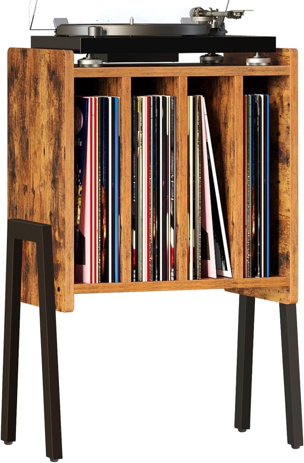 Record Player Stand,Vinyl Record Storage Organizer with 4 Compartment Media Cabinet,Turntable Stand,Nightstand for Living Room, Bedroom (Brown) image number 4