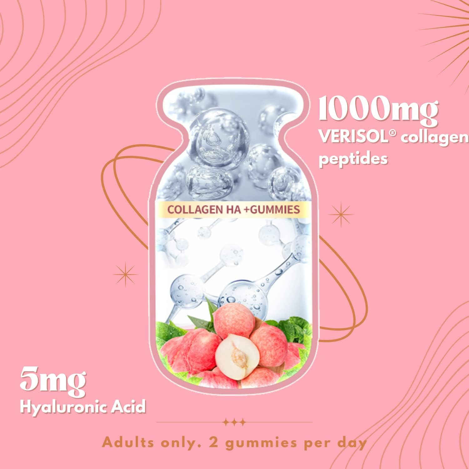 Spring Leaf Collagen Gummies HA+ 60S - Sugar Free Collagen Peptides Option - with Hyaluronic Acid for Hair Skin Nail - for Skin Firmness & Hydration - Natural Peach Flavour image number 2