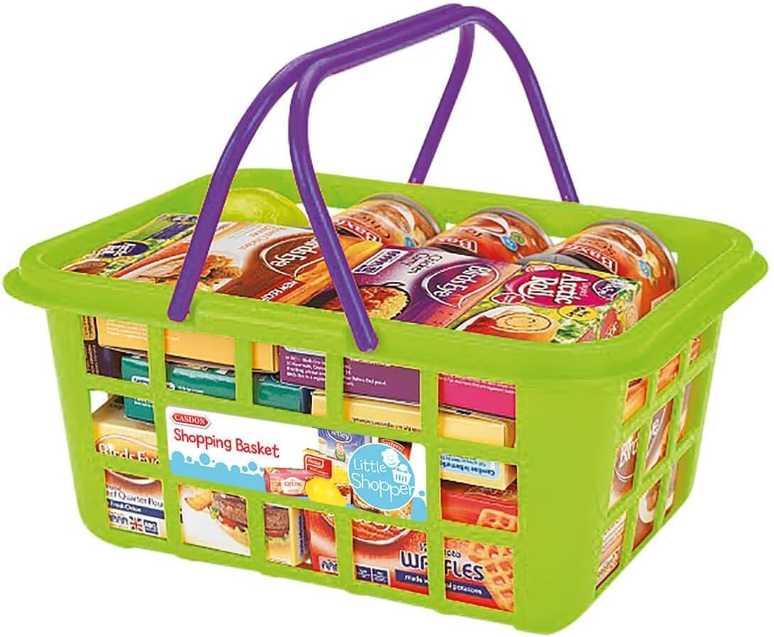 Casdon 62801 Colourful Toy Shopping Basket for Children Aged 2+ | Comes with Miniature Versions of Popular Foods - 9.5 X 21.5 X 16.4 Cm, Original Version