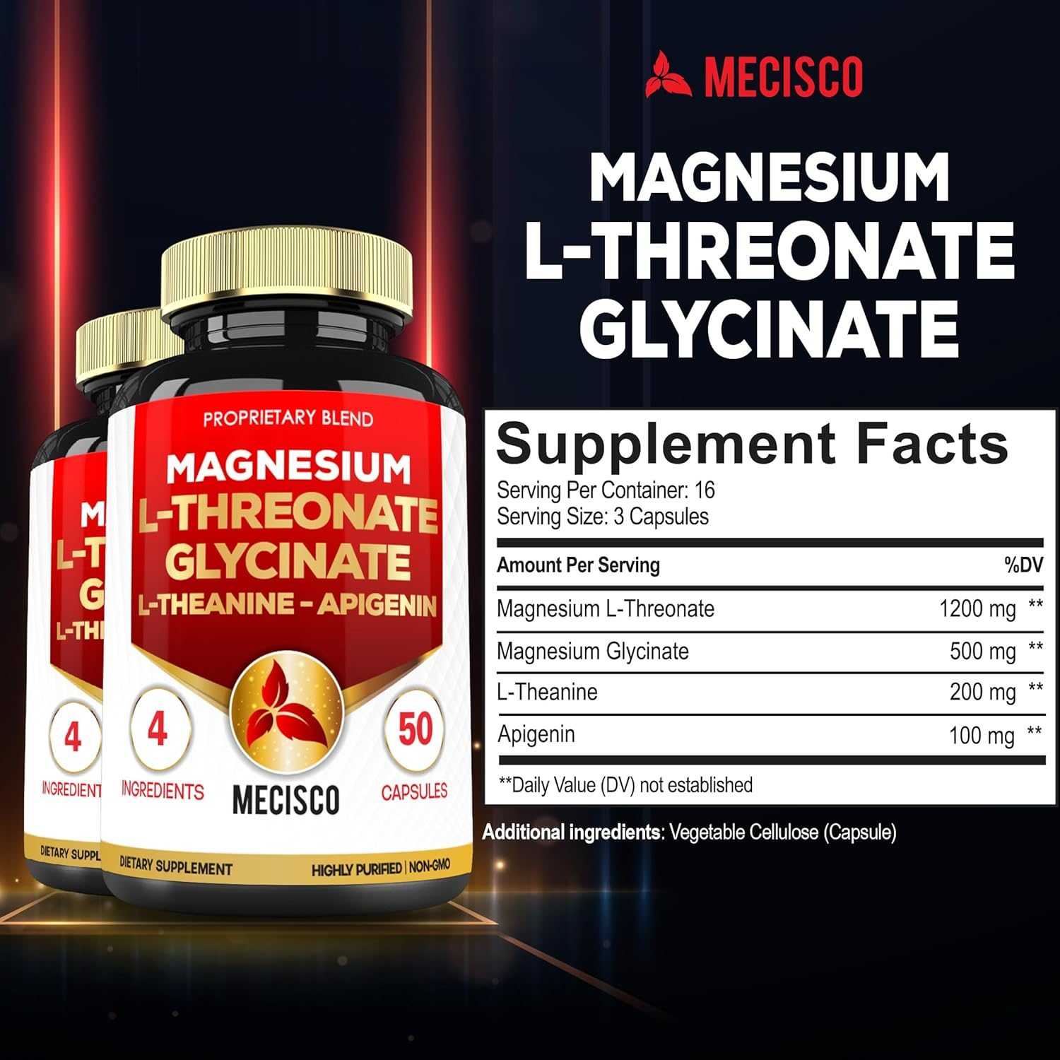 2 Packs 50 Capsules - 2000Mg Magnesium L Threonate Supplement Capsules with Magnesium Glycinate, L-Theanine, Apigenin - Support Immune System & Overall Health image number 3