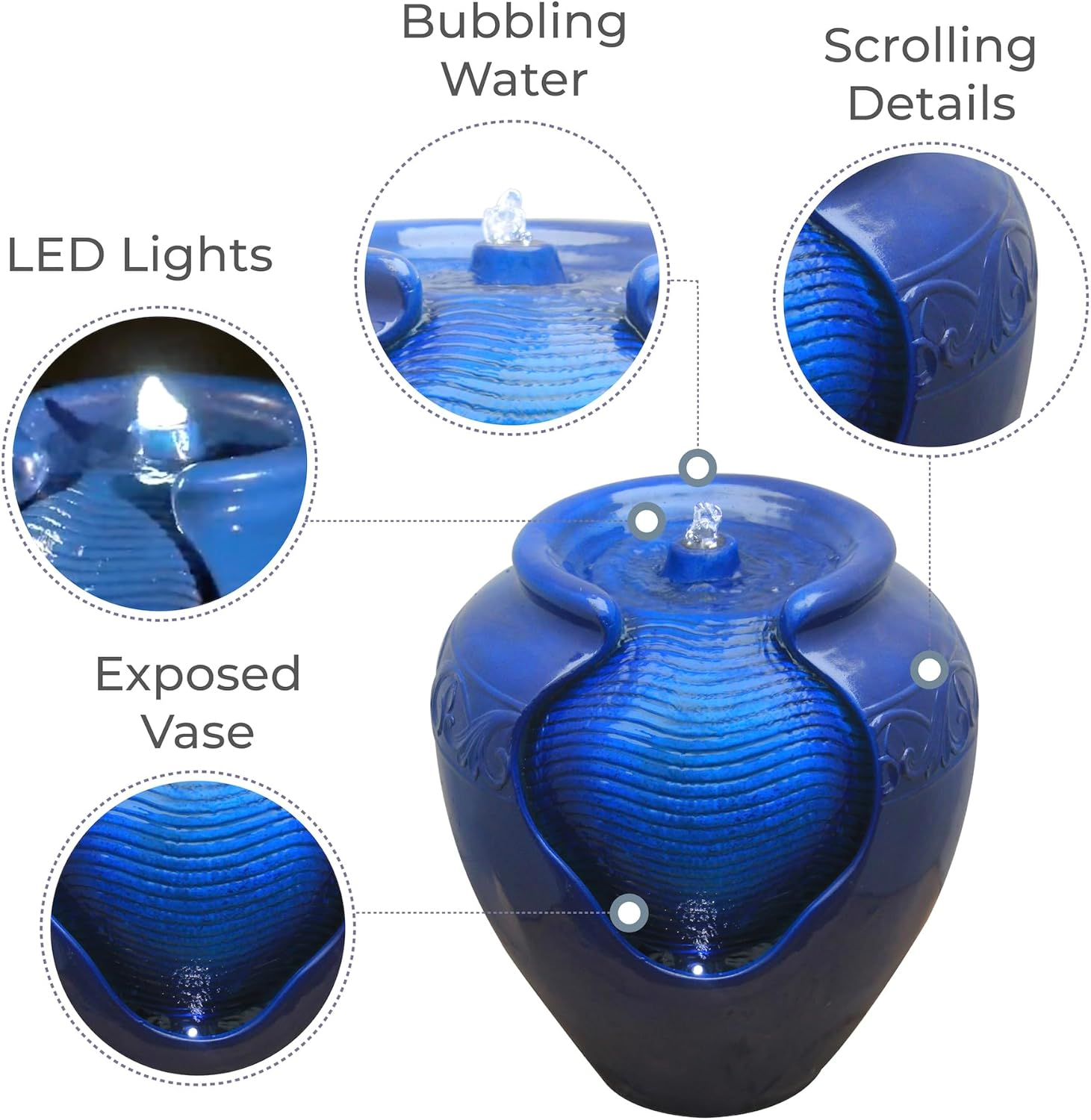 Floor Glazed Pot Water Feature Fountain 43Cm Height for Outdoor Patio Garden Backyard Decking with Led Lights and Pump, Royal Blue-Teamson Home image number 6