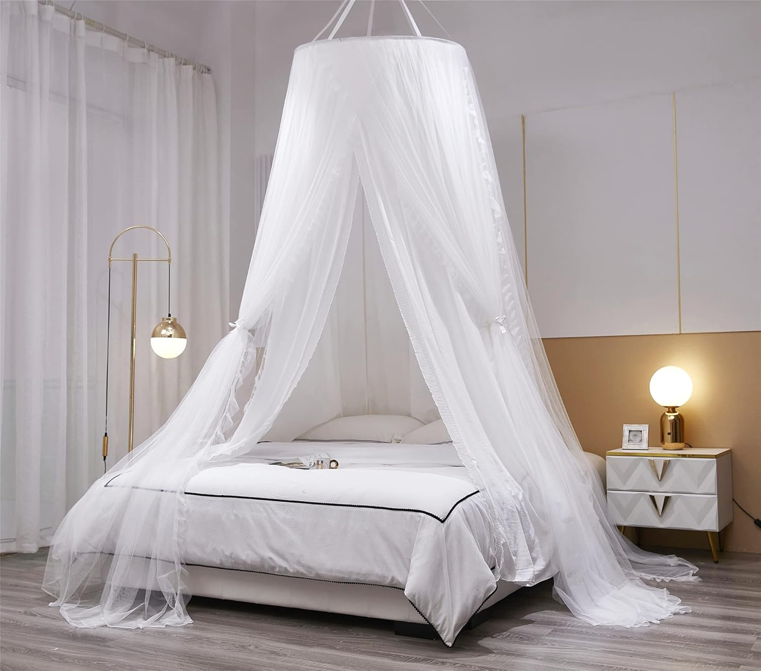 VETHIN Double Layer Princess round Dome Canopy Bed Curtain for Girls Adults,Children Dreamy Mosquito Net,Cute Bedroom Decoration Castle Play Tent Reading Nook Canopies (Dome-White/White) image number 3
