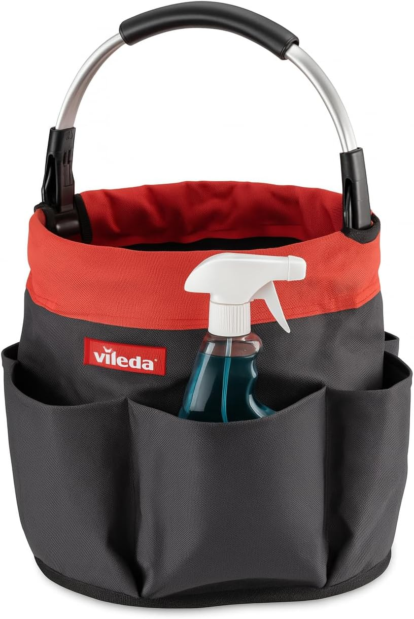 Vileda Cleaning Caddy - Foldable Cleaning Bag with Handle and 6 Compartments - Cleaning Organiser for Sponges Brushes Cloths Cleaner - Waterproof, Tear-Resistant, Hygienic, Portable and Space-Saving