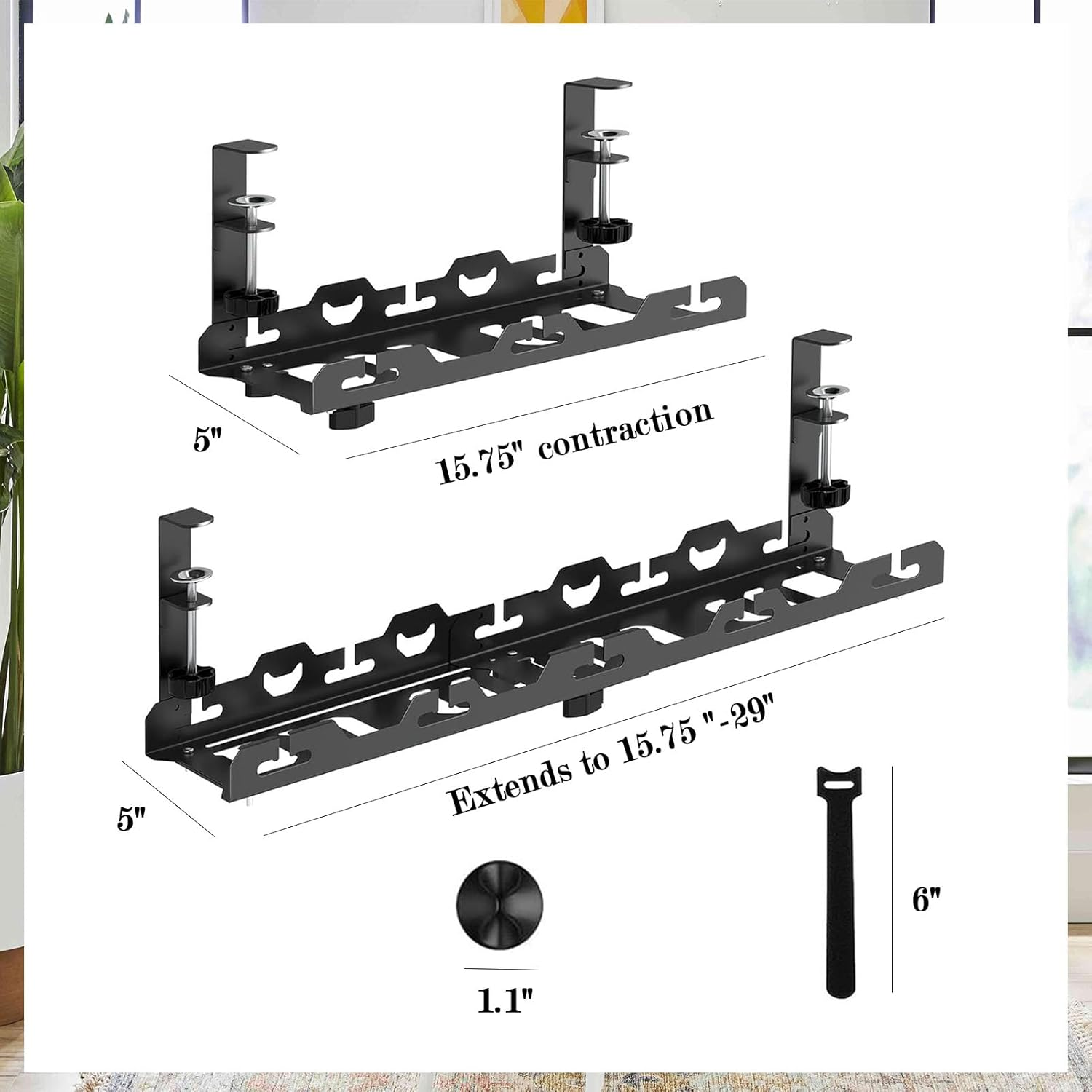 Cable Management,29 Inch under Desk Cable Management for Desk with 15 Cord Organizer,No Drilling Extendable image number 5