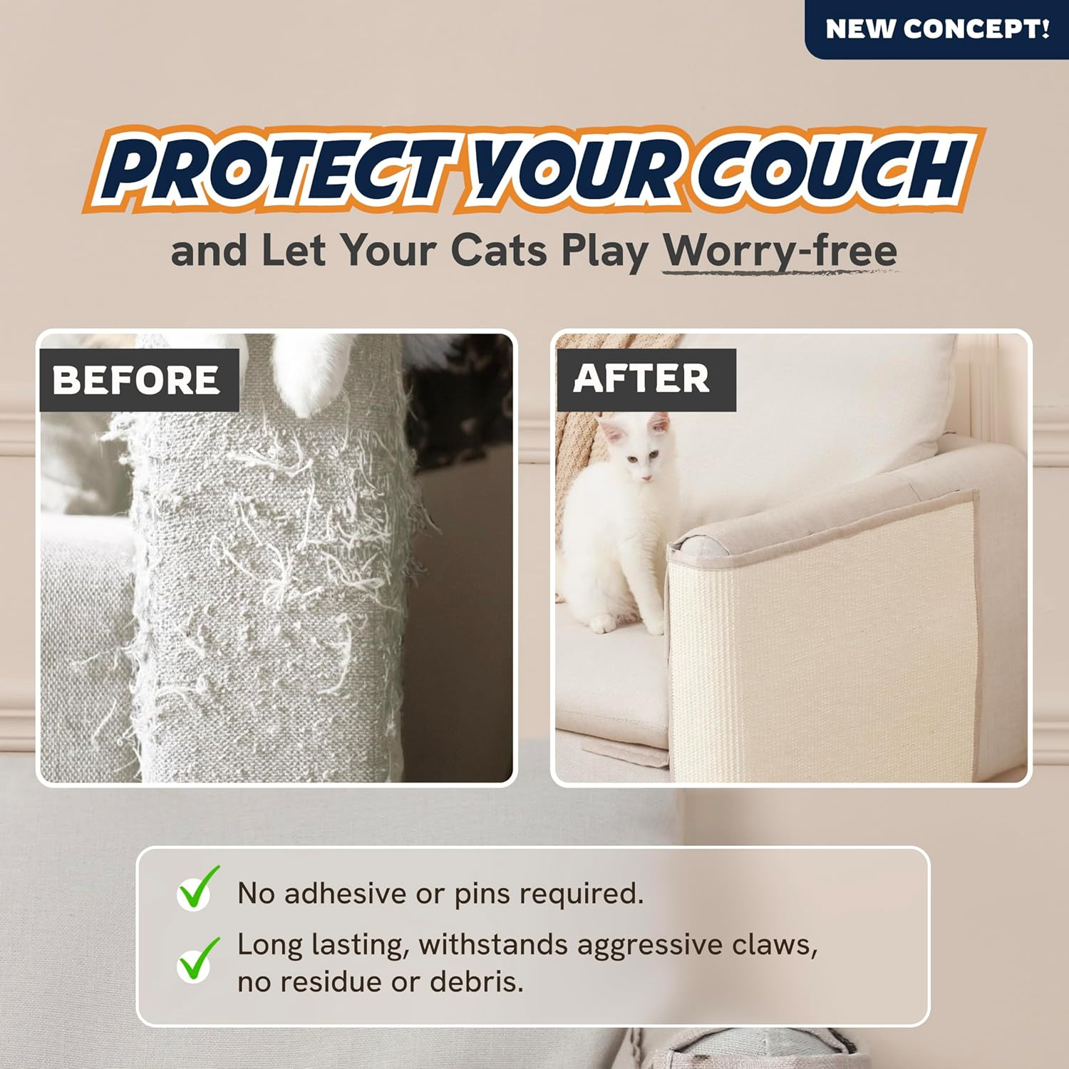 PANTHER ARMOR Cat Scratch Couch Protectors [2X Left & Right Arm in Beige] - Natural Sisal Furniture Protector for Cats - Scratching Pads - Couch Covers image number 4