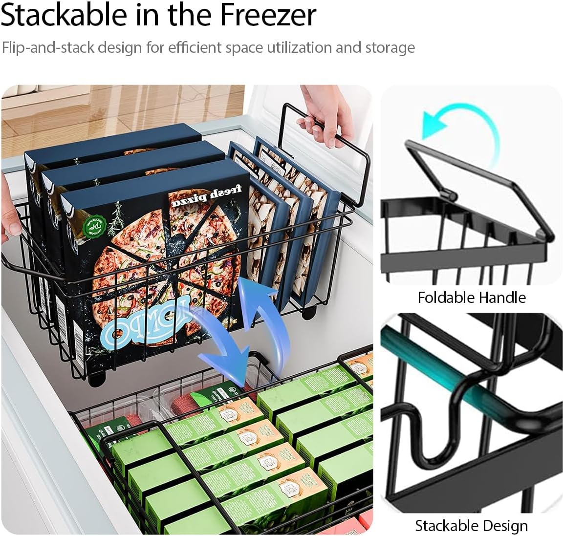 Blissify 4 Pack Chest Freezer Organiser, Freezer Organizer Bins with Foldable Handle, Stackable Metal Deep Freezer Baskets Sort Frozen Meats & Food with Better Space Utilization (37&times;18&times;15Cm) image number 3