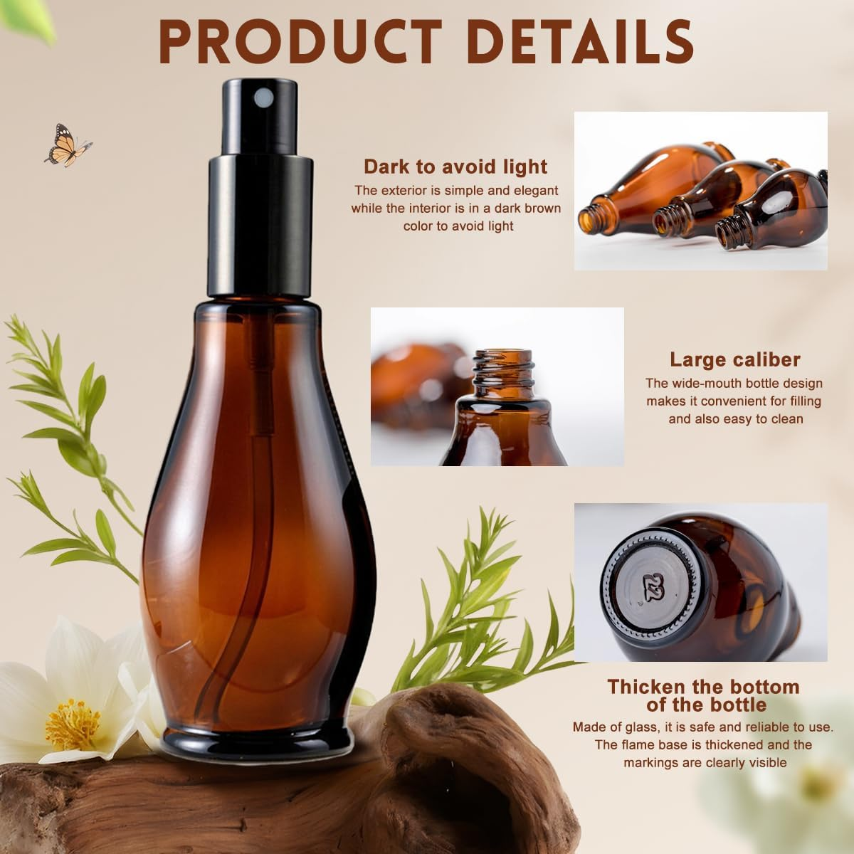 3 Pack Amber Glass Spray Bottles Refillable Fine Mist Spray Container with Black Atomizer and Cap for Essential Oil Perfume Aromatherapy Cosmetic image number 3