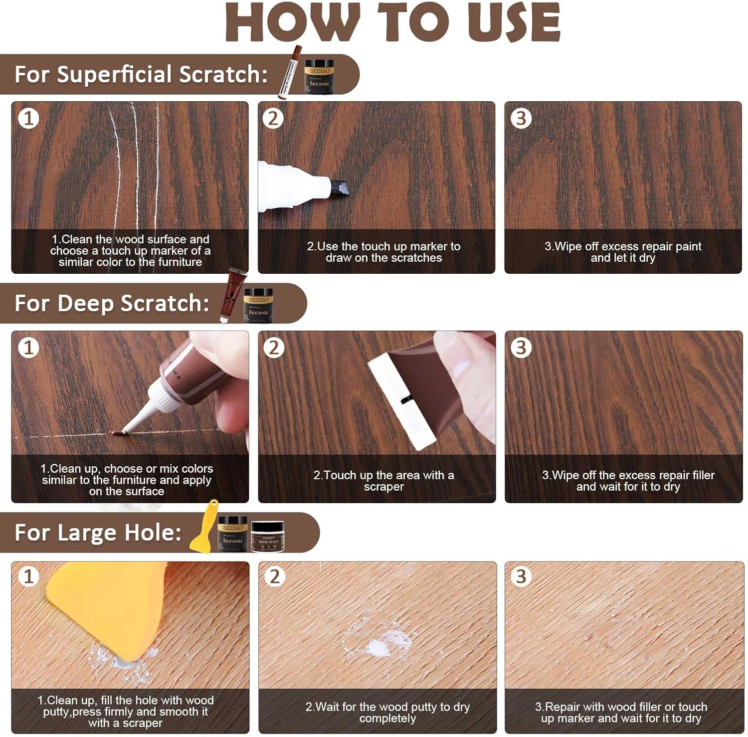 SEISSO Wood Furniture Repair Kit, 12 Colors Wood Fillers, Wood Putty with Beeswax, Furniture Touch up Markers with Wood Crayons, Hardwood Floor Repair Kit for Stains, Scratch, Cracks, Hole image number 6