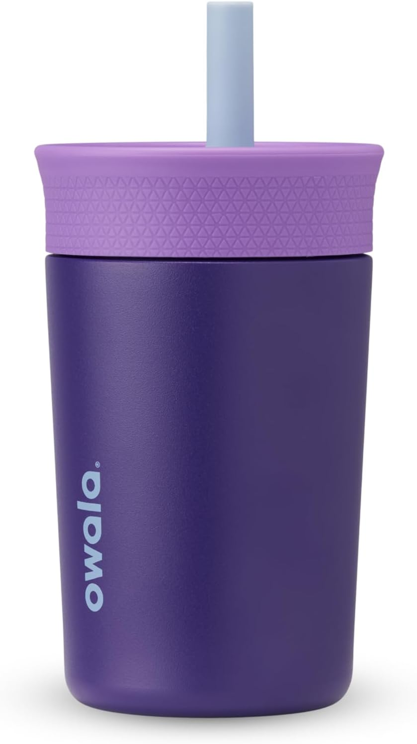 Owala Kids Insulation Stainless Steel Tumbler with Spill Resistant Flexible Straw, Easy to Clean, Kids Water Bottle, Great for Travel, Dishwasher Safe, 12 Oz, Purple (Peacock Palace)