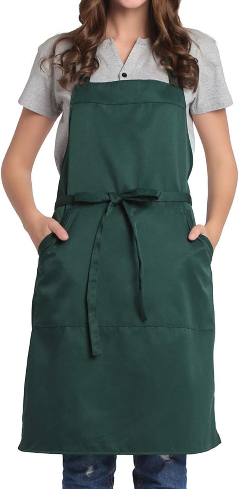 BIGHAS Adjustable Bib Apron with Pocket Extra Long Ties for Women Men, 18 Colors, Chef, Kitchen, Home, Restaurant, Cafe, Cooking, Baking (Dark Green)