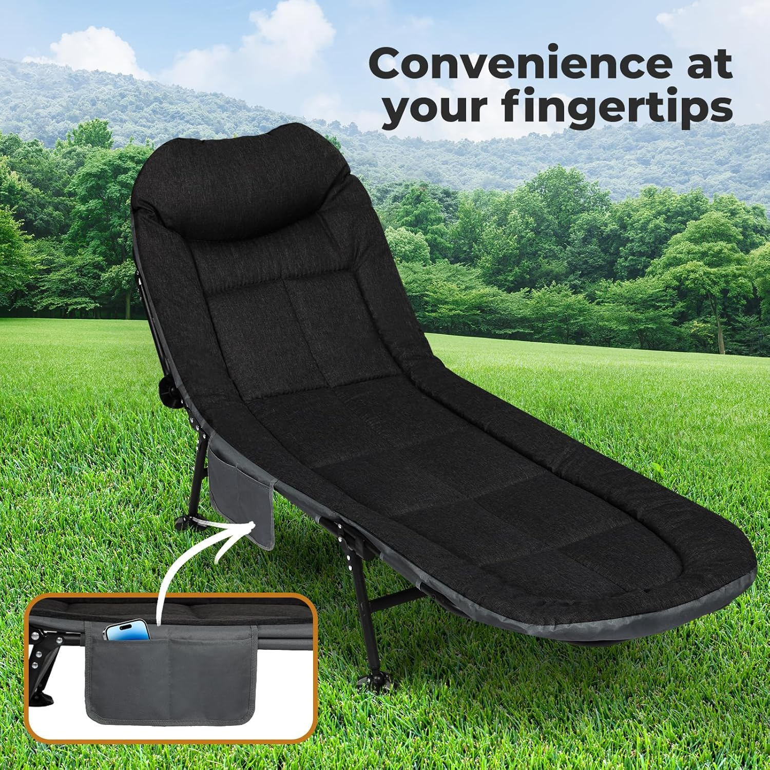 Levede Folding Camping Cot for Adults W/Cushion and Pillow, Camping Loungers Outdoor Portable Sleeping Camping Bed, 6-Position Adjustable Backrest,Lightweight Tent Cot, for Home,Beach,Patio(Black) image number 4