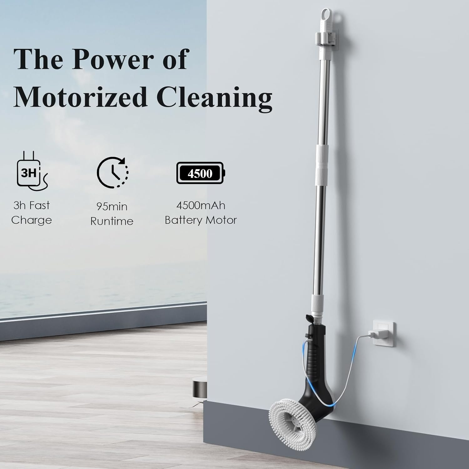 Minthouz Electric Spin Scrubber, Grout Cleaner Brush with 2 Speeds &6 Replaceable Brush Heads,Ip68 Waterproof,Battery Display,Adjustable Extension Handle for Bathroom Kitchen Tile Floor Tub[Black] image number 4