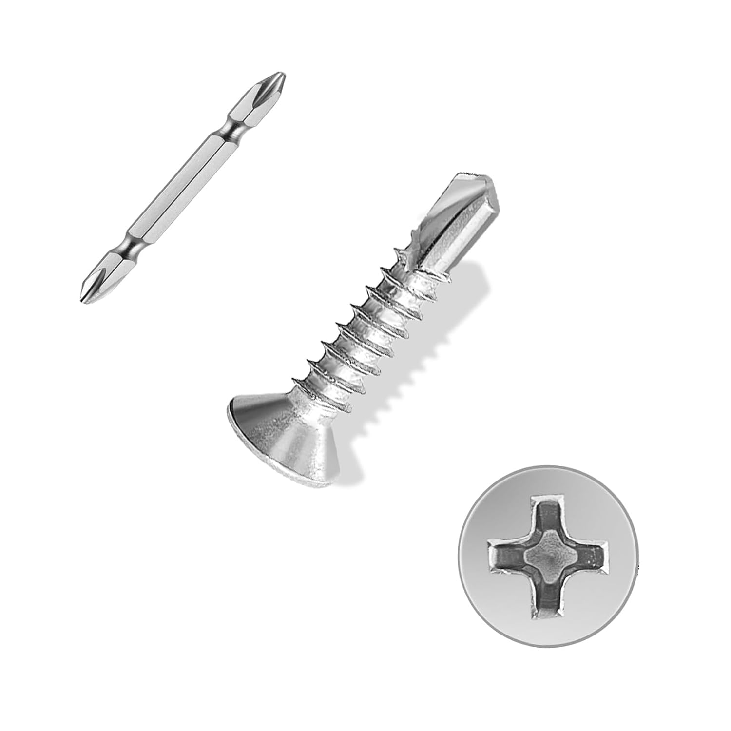 #8&times;3/4&Prime; Sheet Metal Screws 300Pcs, 410 Stainless Steel Flat Head Cross Self Drilling Screws image number 5