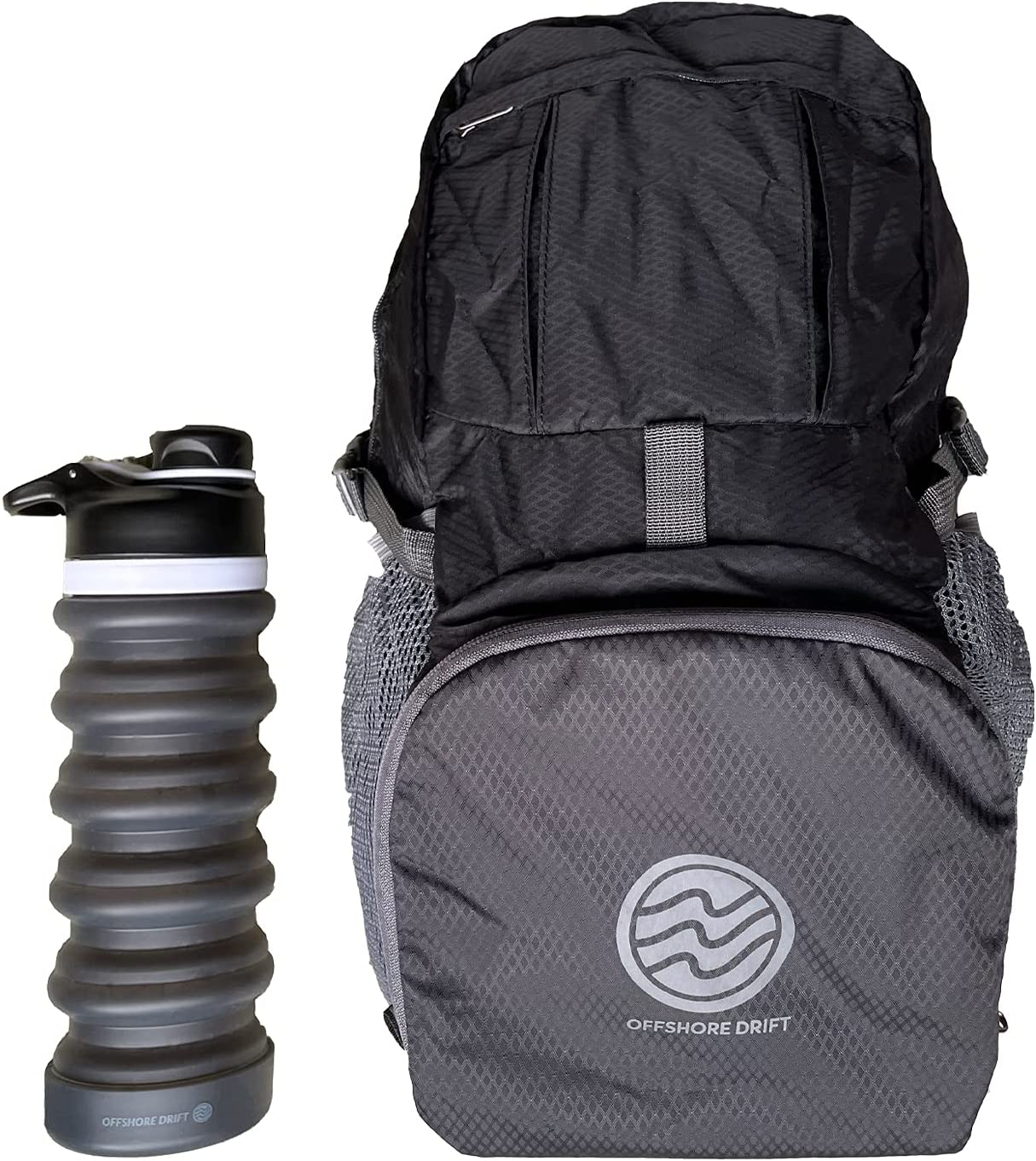 Offshore Drift Collapsible Water Bottle and Ultra Lightweight Packable Backpack Water Resistant