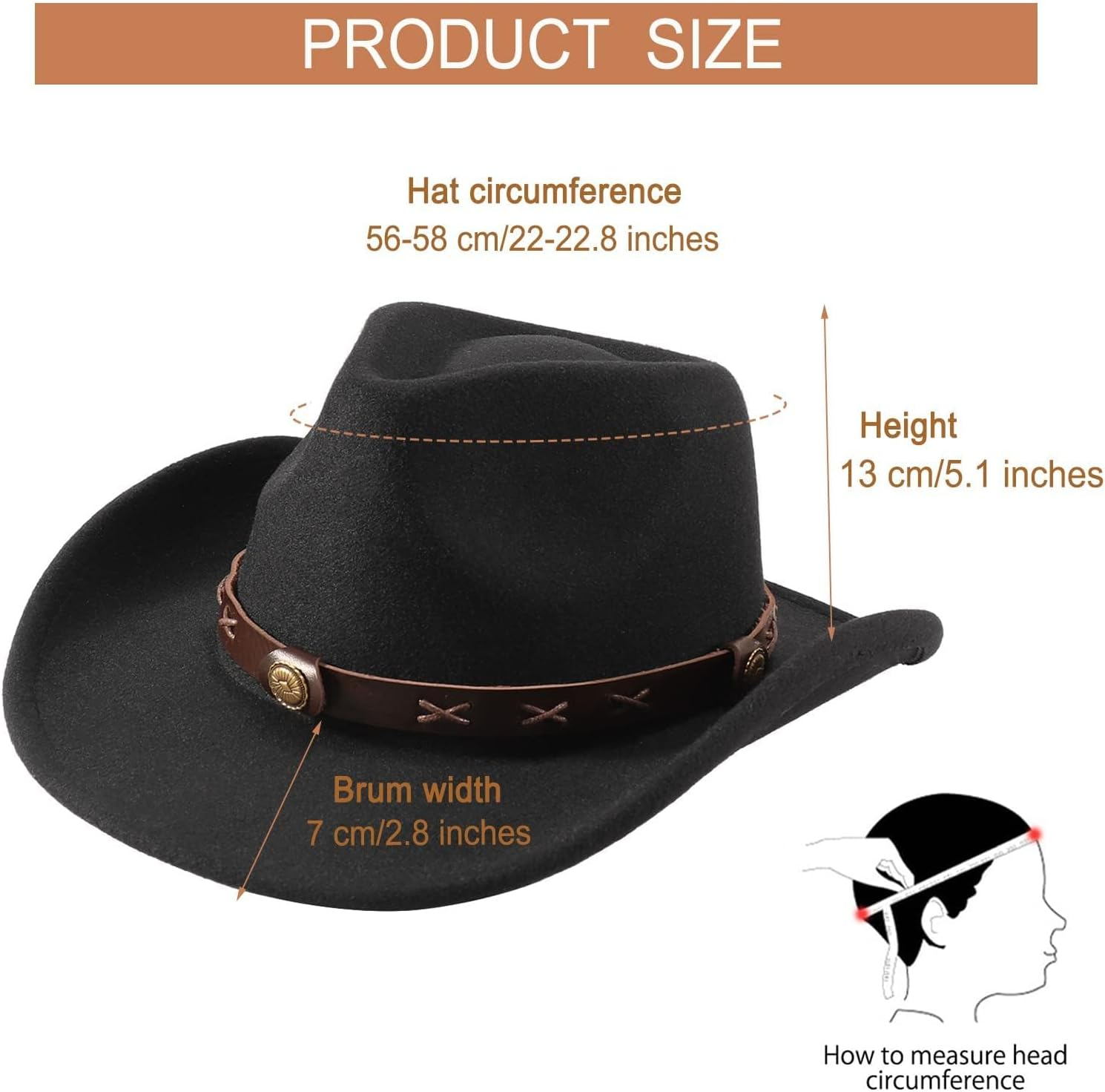 Classic Western Cowboy Hat for Men Women, Wide Brim Felt Fedora Cap, Vintage and Cool Western Style, Sun Protection and Comfort image number 3