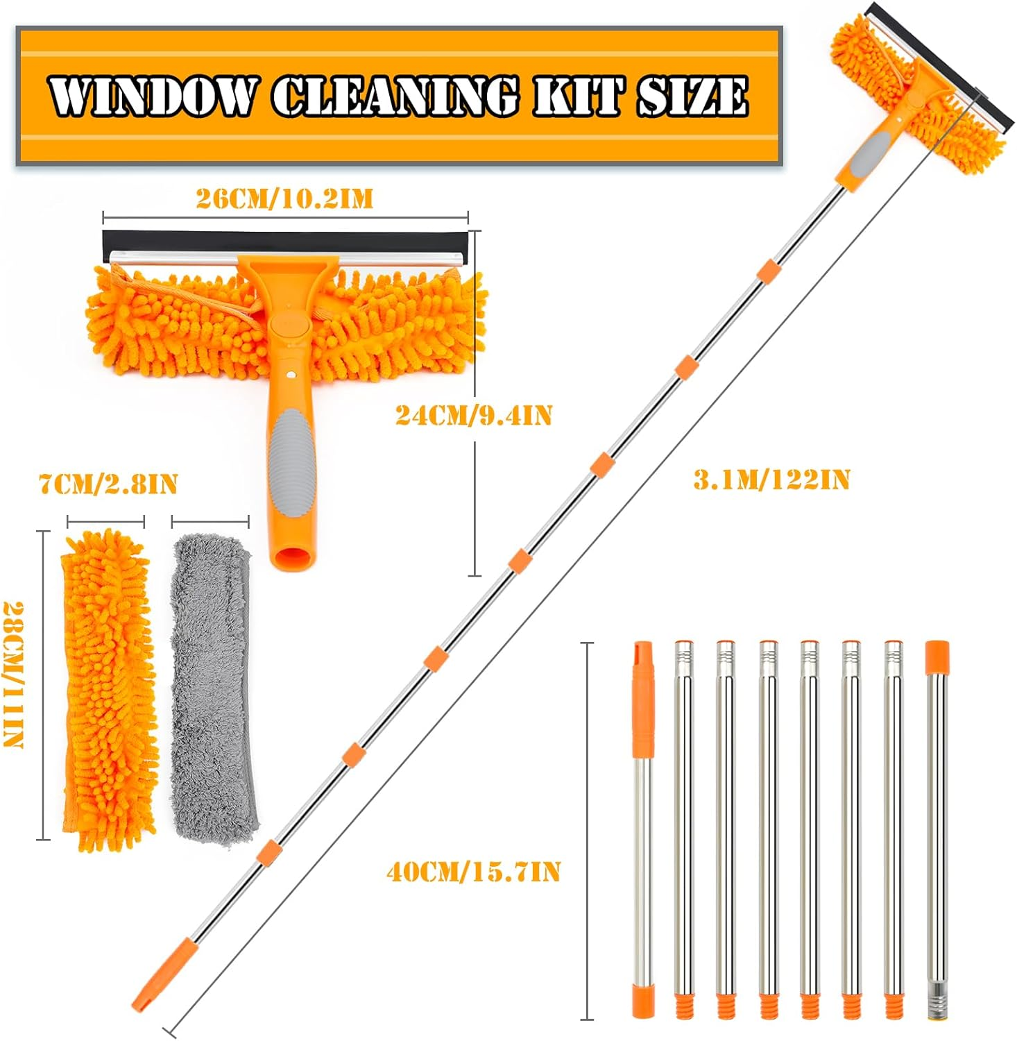 Lapluied 3.1 M Window Cleaner Set, 3-In-1 Window Cleaner Set, Telescopic Window Wiper 270&deg; Rotating Brush Head, Professional Telescopic Rod Window Cleaning for Indoor/Outdoor Windows, Car Orange