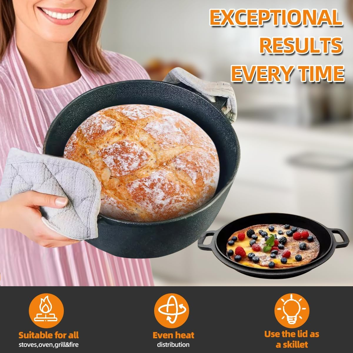 9SHOME Cast Iron Dutch Oven Pot for Bread Baking, Cast Iron Cookware with Dual Handles Skillet Lid, Includes Sourdough Supplies & Banneton Proofing Basket, Versatile Pan for Frying, Braising, BBQ, 5QT