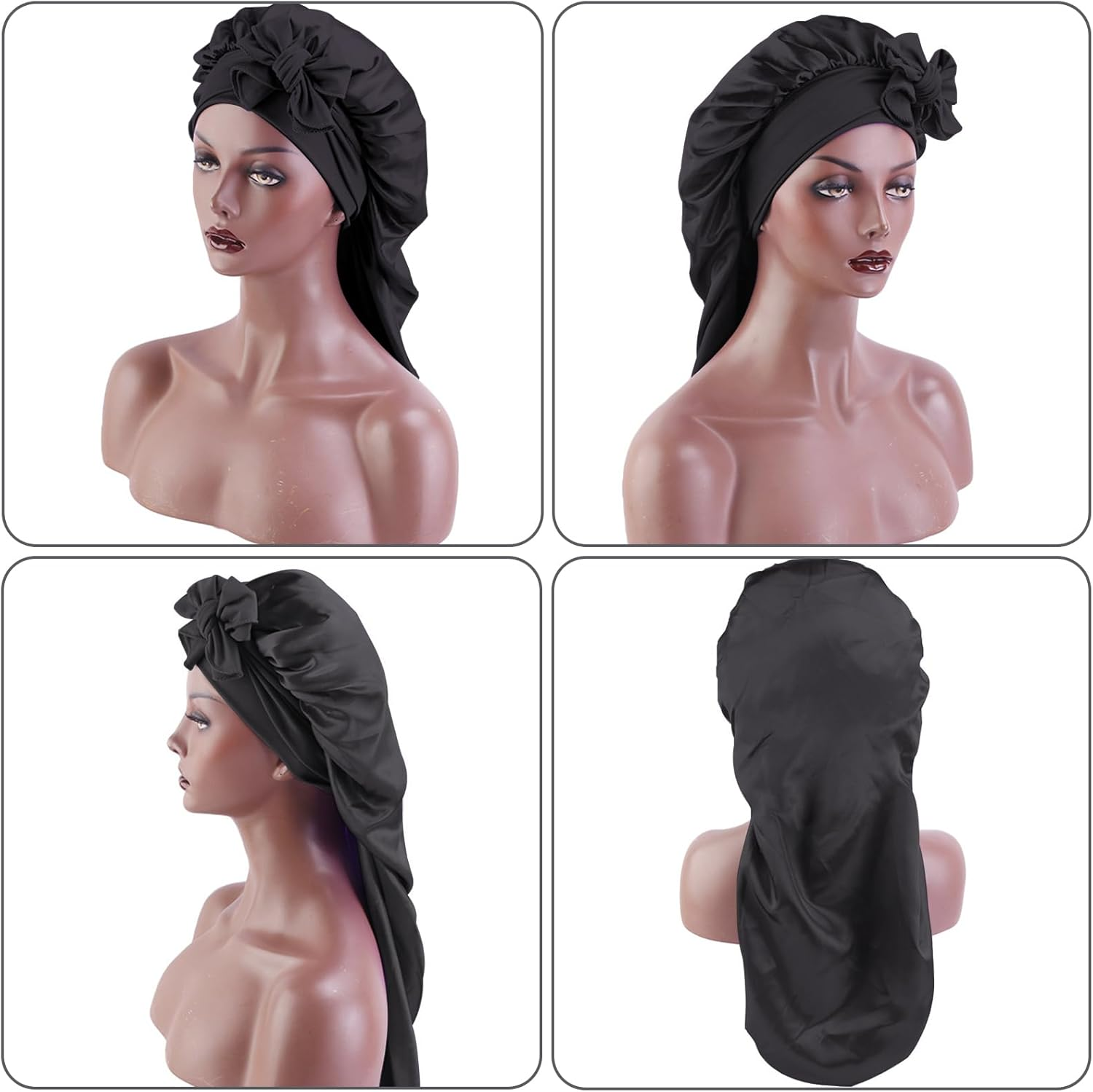 2PCS Satin Silk Hair Bonnet with Tie Band, Large for Braids Sleeping, Adjustable Sleep Cap for Women, Elastic for Long Hair - Purple image number 2