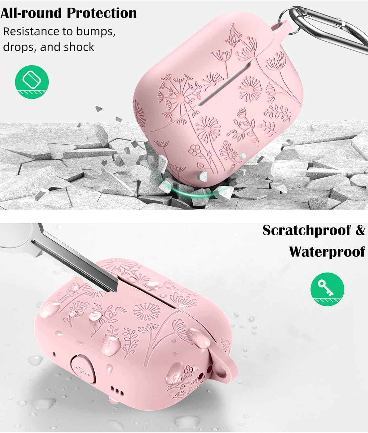 Flower Engraved Case Compatible with Airpods Pro 2 Case Cover & Airpod Pro Case Cover, Cute Soft Silicone Full Protection, for Apple Airpods Pro 2Nd 1St Generation Case Front LED Visible, Pink