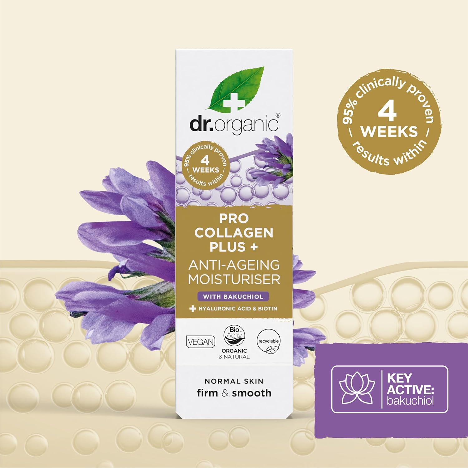 Dr Organic Pro Collagen plus Bakuchiol, Hyaluronic Acid, Biotin, Healthy-Aging, Wrinkles, Dry & Sensitive Skin, Natural, Vegan, Cruelty-Free, Paraben & Sls-Free, Recycled & Recyclable, Organic, 50Ml