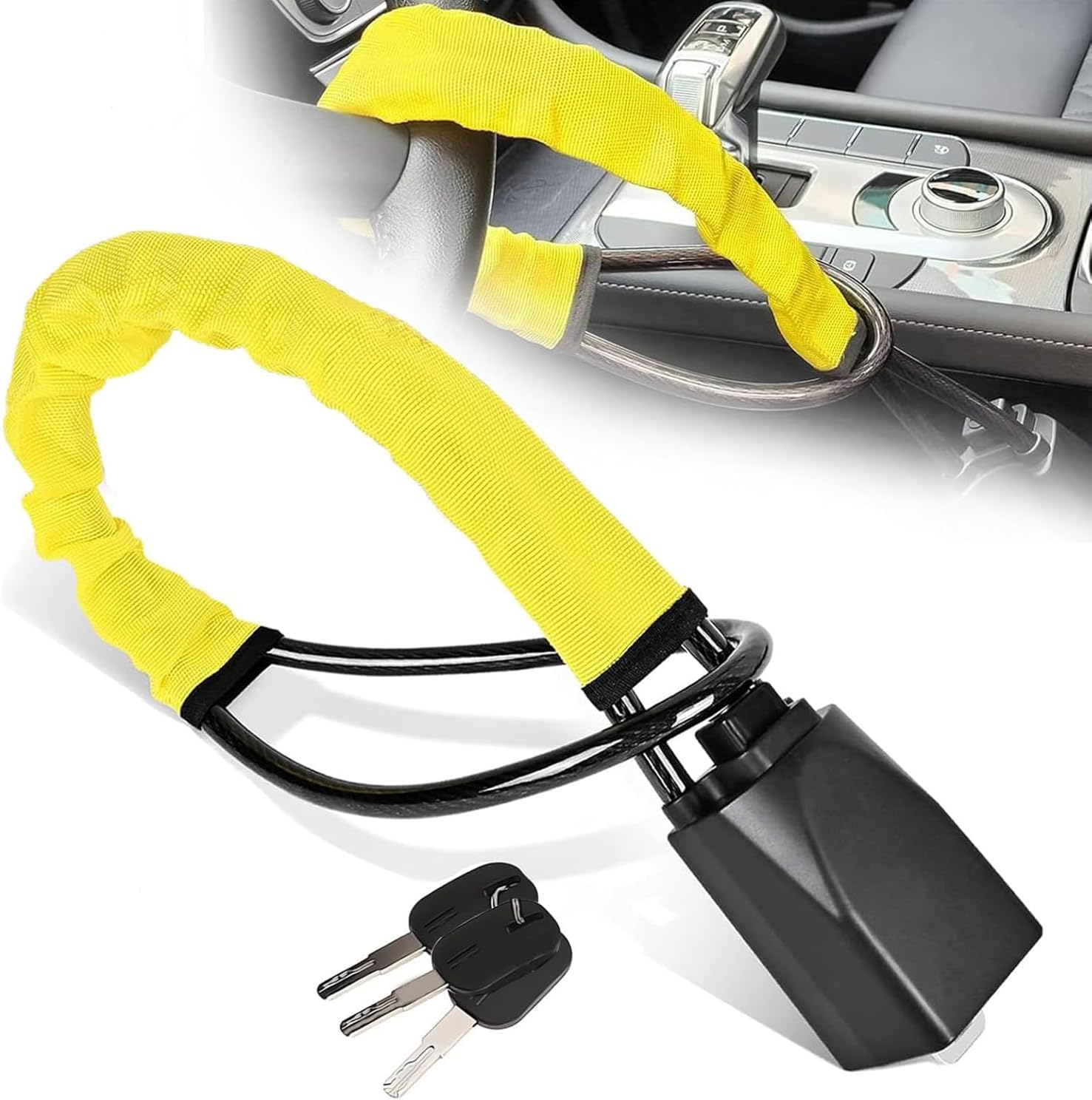 Steering Wheel Lock,Car Steering Wheel Lock,Max 45Cm Length Secure Car Device,With 3 Keys ABS, for Security Fit Most Vehicles Truck SUV Van Golf Cart, Yellow image number 2