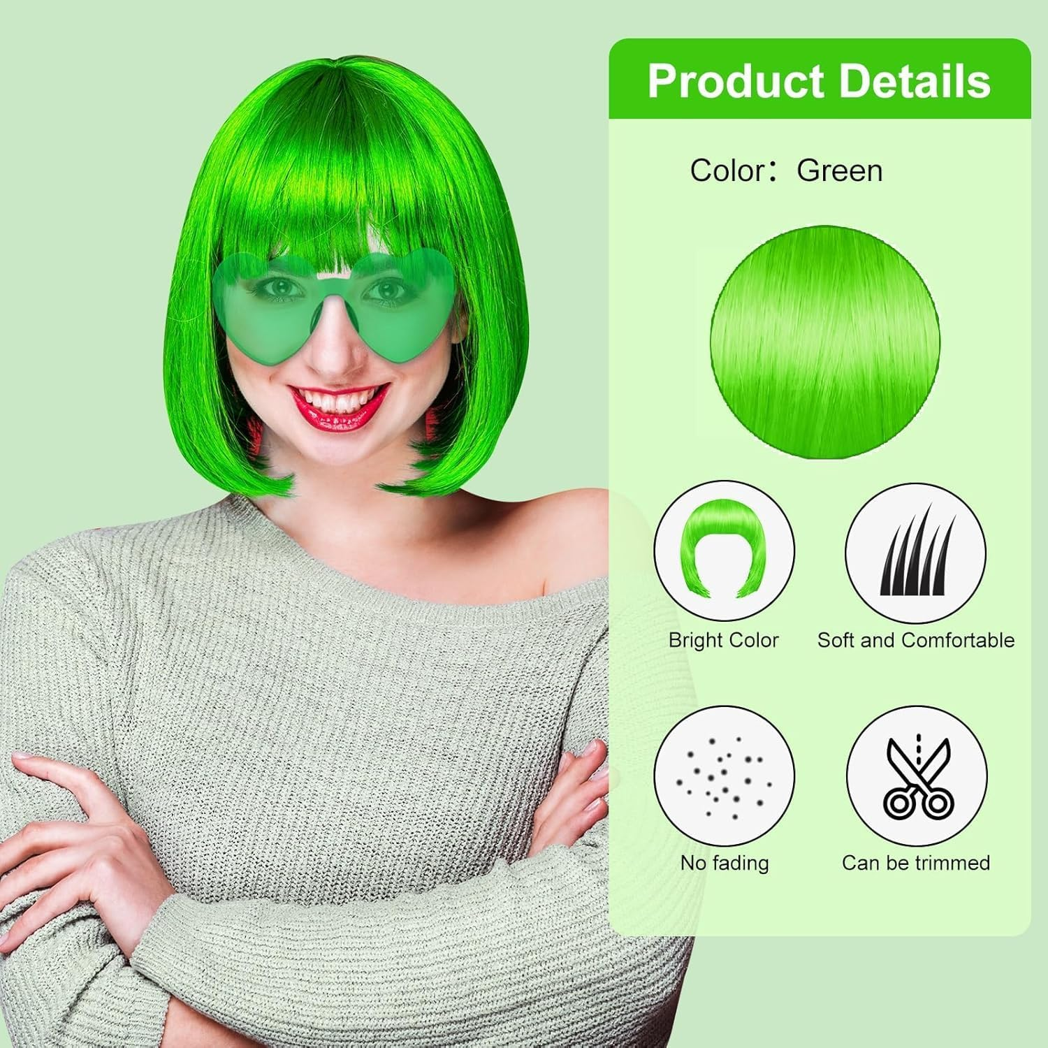 Green Bob Wig, Green Wigs for Women with Double Heart Sunglasses and W-Ig Net Bag,Colourful Wig Perfect for Cosplay, Party, Hall-Oween,Fashionable and Comfortable image number 5