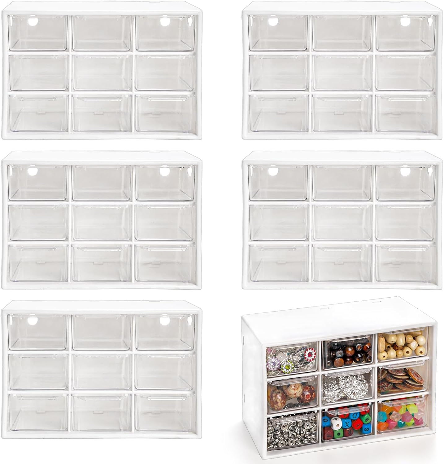 Hacaroa 6 Pack Mini Drawer Organizer with 9 Drawers, Plastic Desktop Craft Storage Case Box for Art Supply, Office Supplies, Cosmetics, Jewelry, Dorm Room, off White image number 4