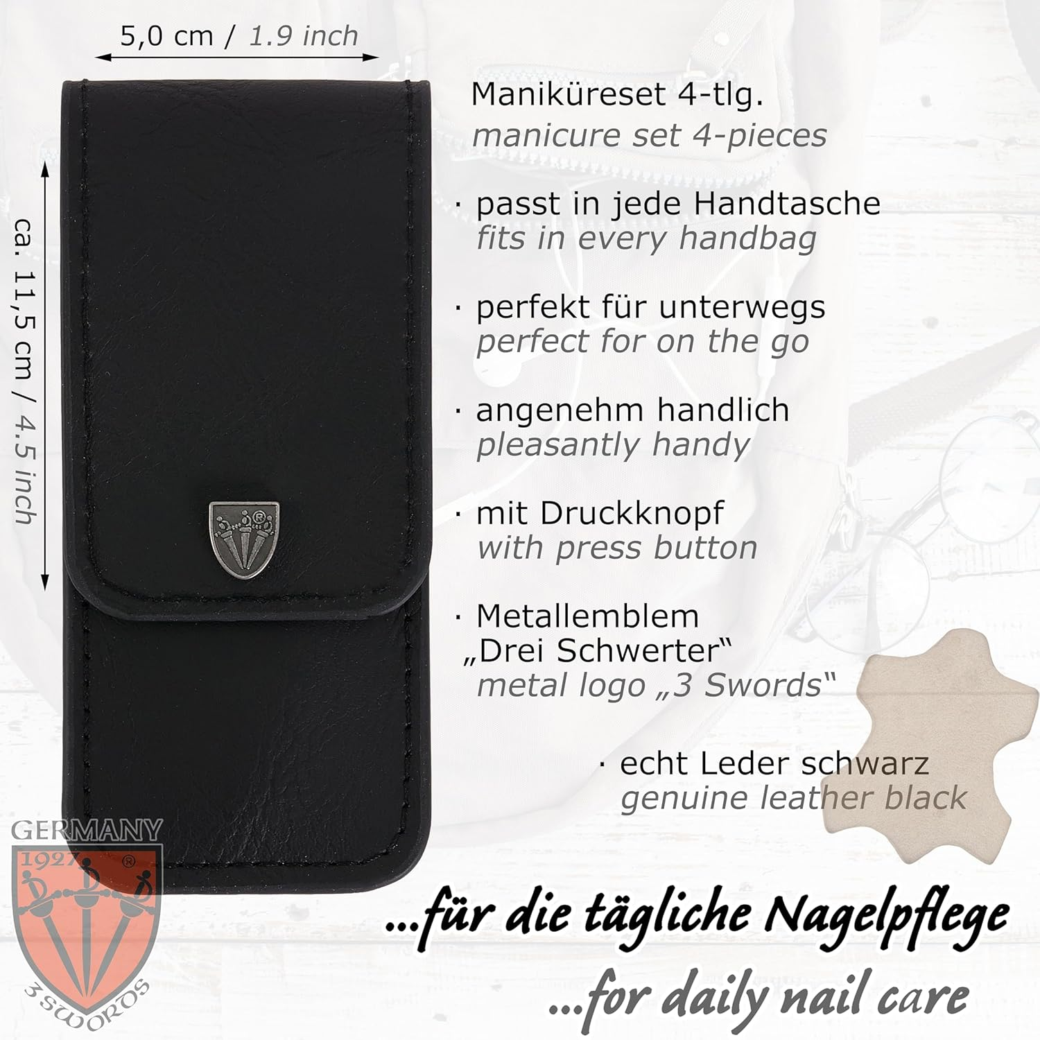 3 Swords Germany - Brand Quality 3 Piece Stainless Steel INOX Manicure Pedicure Grooming Kit Set for Professional Finger & Toe Nail Care Scissors File Tweezers Genuine Leather Case in Gift Box (Hgjfk) Black - Black image number 2