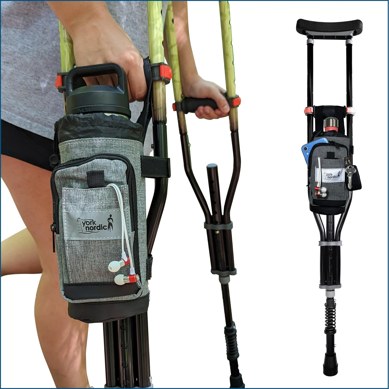 York Nordic Underarm Crutch Bag - Attaches to Your Crutches for an Easy Travel Accessory Featuring Dual Pockets and Large Compartment image number 3