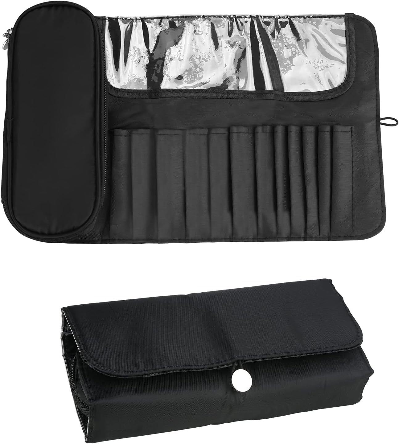 DODAMOUR Makeup Brush Case with Silicone Makeup Brush Cleaner Bowl, Portable Travel Makeup Brush Holder, Waterproof Cosmetic Brush Rolling Foldable Storage Bag (Black)