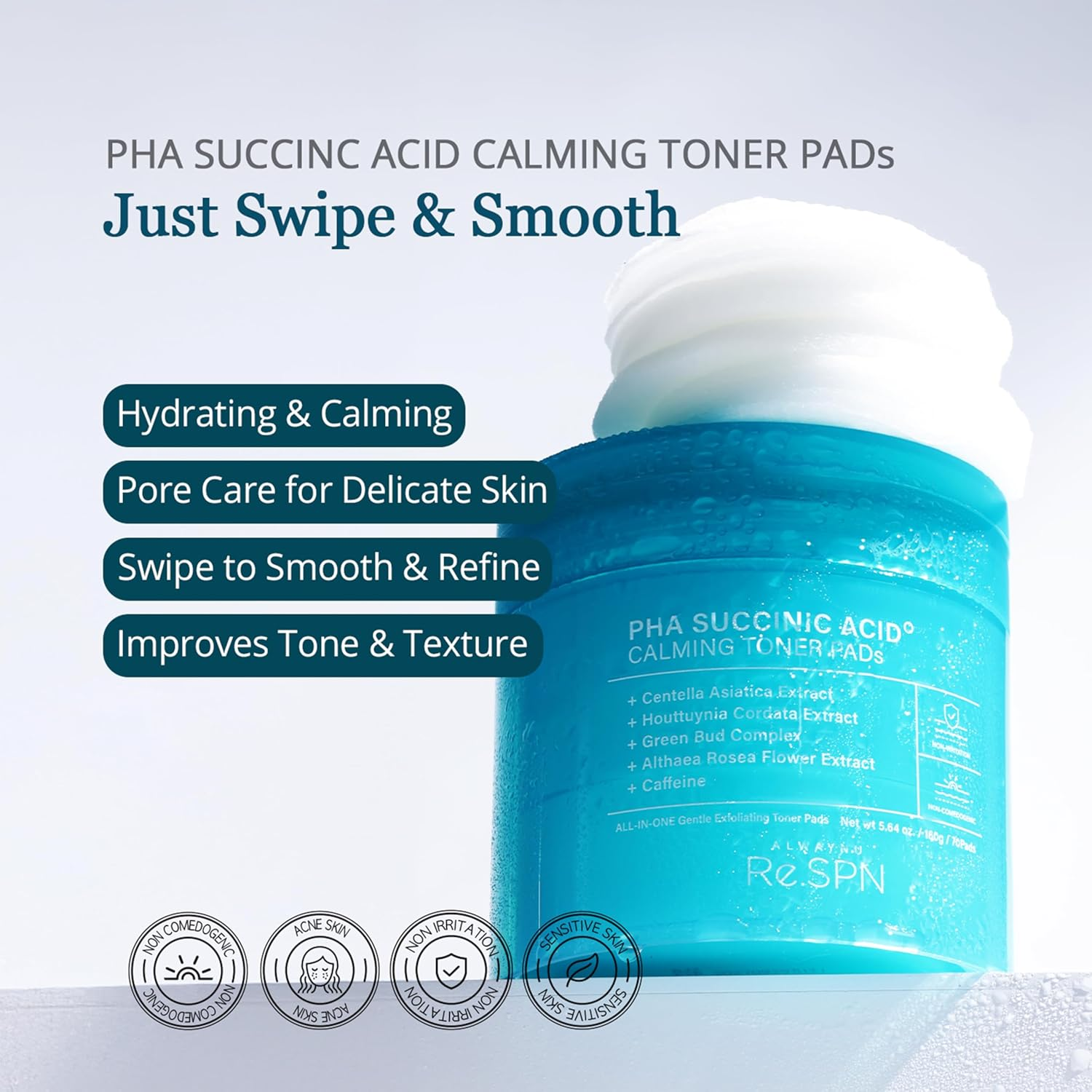 Re.Spn PHA Succinic Acid Calming Toner Pads &ndash; Daily Exfoliating, Hydrating and Soothing with CICA, Caffeine, Non-Comedogenic, Vegan, Glass Skin, K-Beauty (70 Count) image number 4